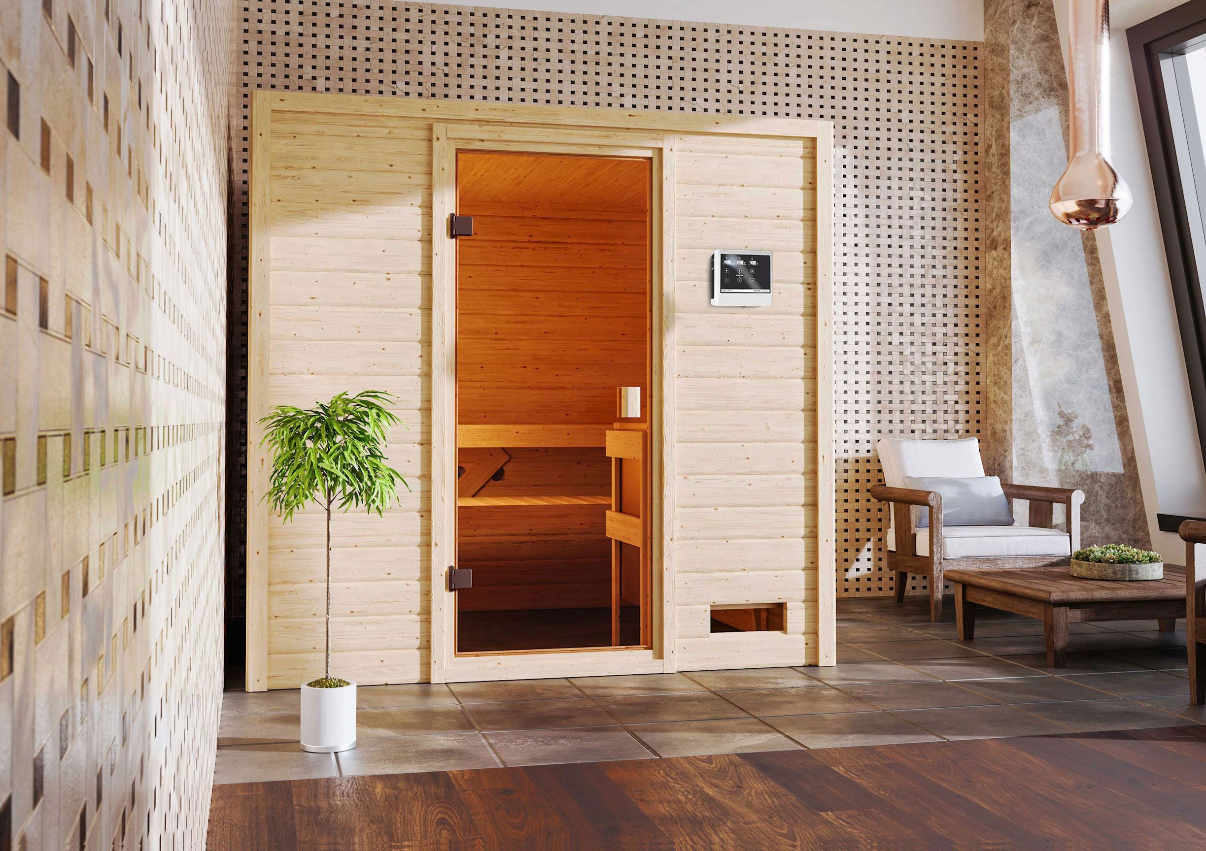 Sauna "Sjur" SET mit bronzierter Tür - Farbe: Natur, Ofen BIO 9 kW - 195 x 169 x 187 cm (B x T x H)
