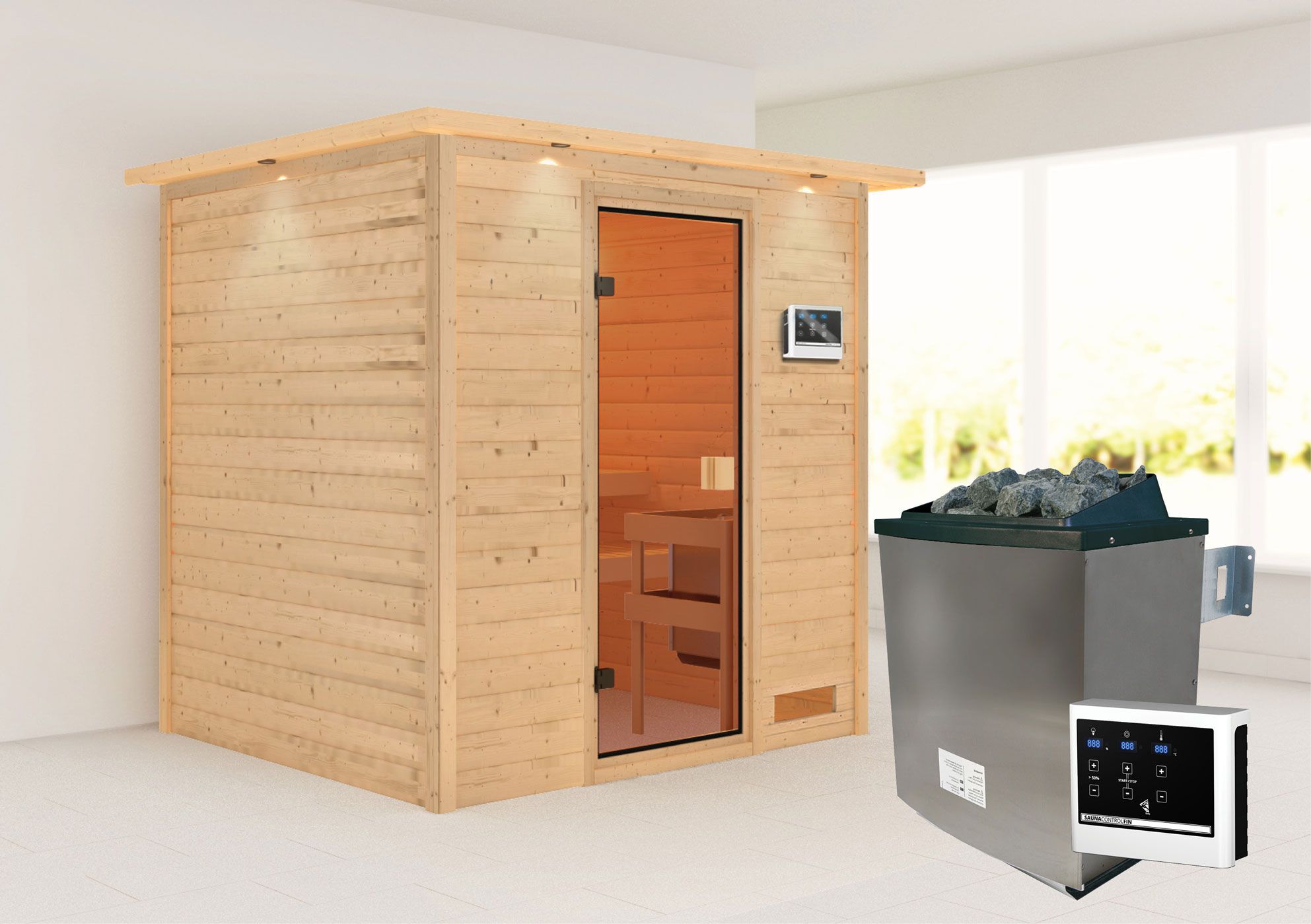 Sauna "Sjur" SET mit bronzierter Tür und Kranz - Farbe: Natur, Ofen 9 kW - 223 x 183 x 191 cm (B x T x H)