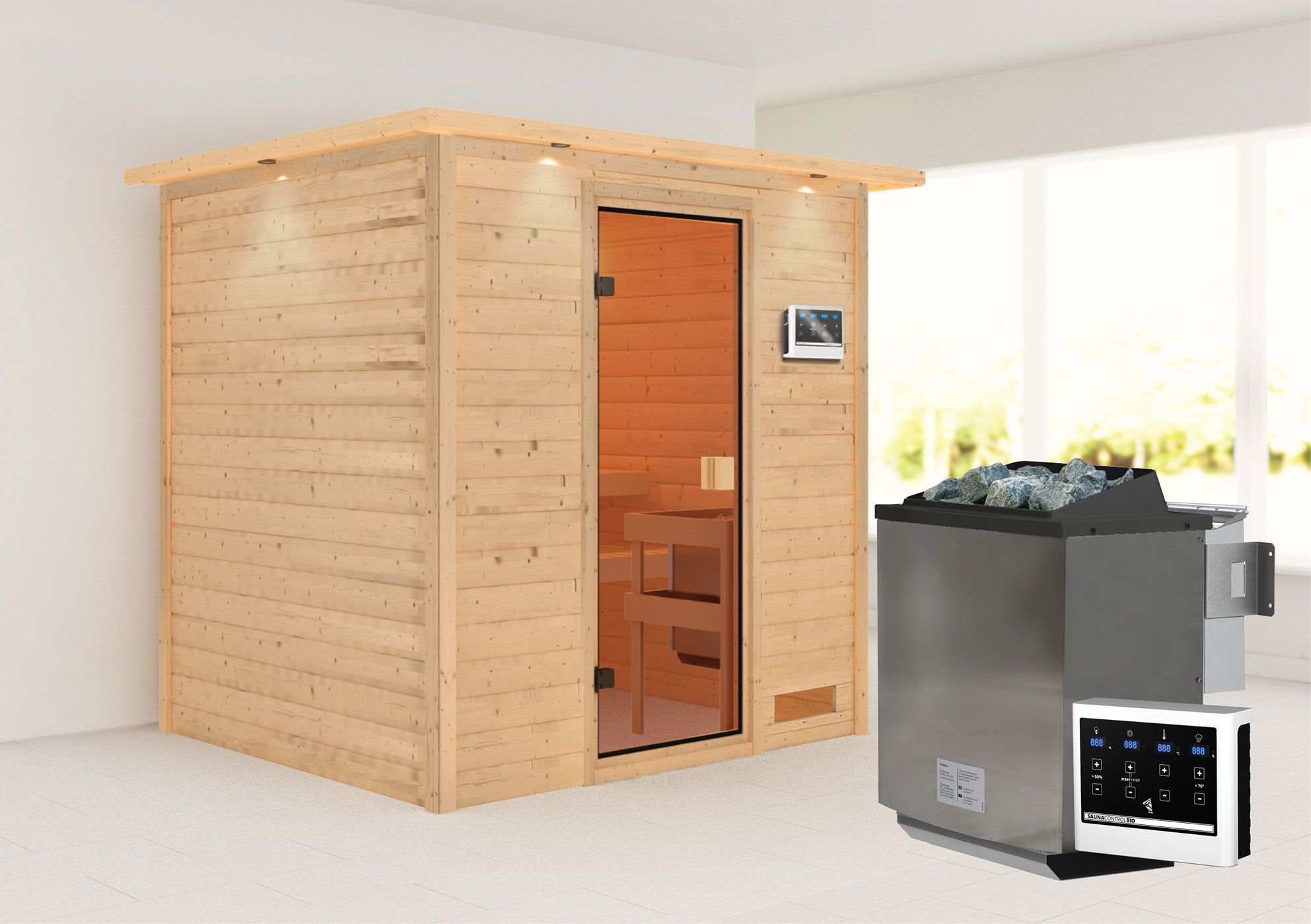 Sauna "Sjur" SET mit bronzierter Tür und Kranz - Farbe: Natur, Ofen BIO 9 kW - 223 x 183 x 191 cm (B x T x H)