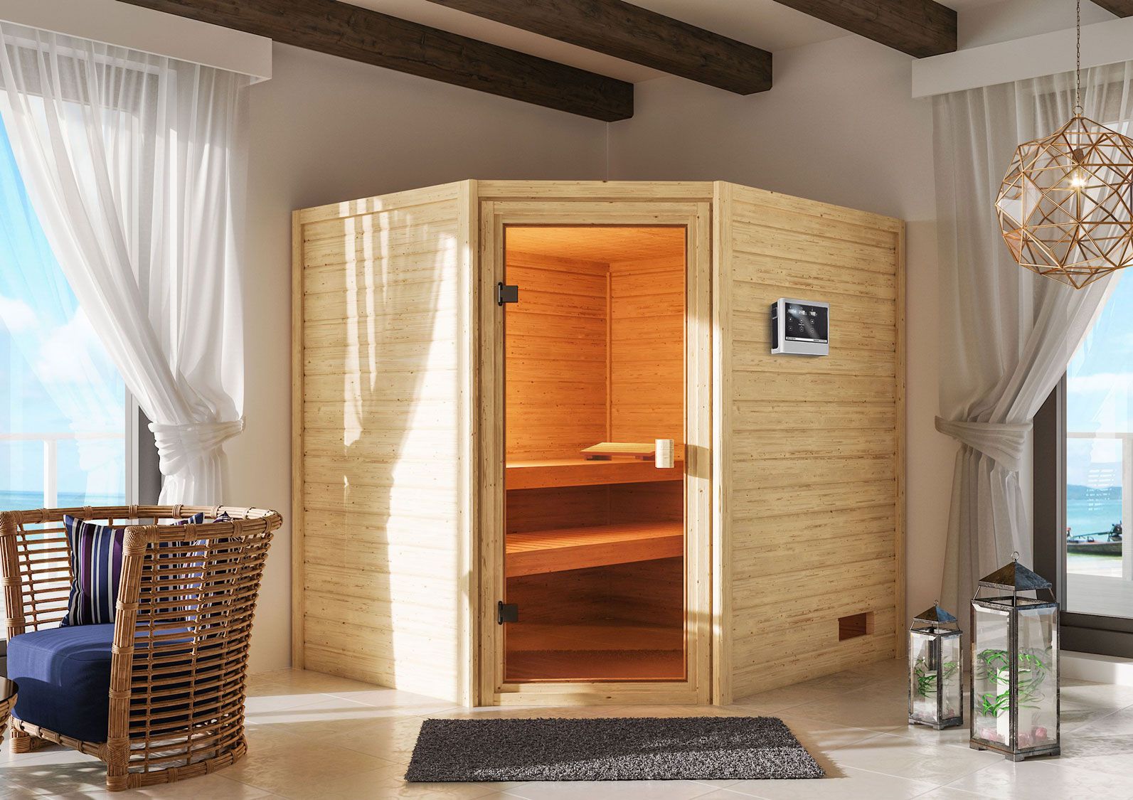 Sauna "Olai" SET mit bronzierter Tür - Farbe: Natur, Ofen externe Steuerung easy 9 kW - 195 x 169 x 187 cm (B x T x H)