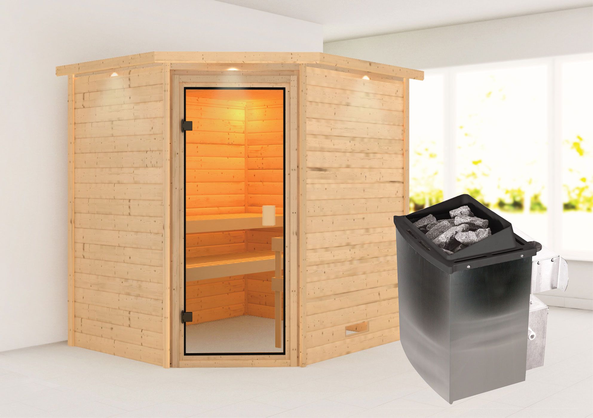 Sauna "Olai" SET mit bronzierter Tür und Kranz - Farbe: Natur, Ofen 9 kW - 223 x 183 x 191 cm (B x T x H)