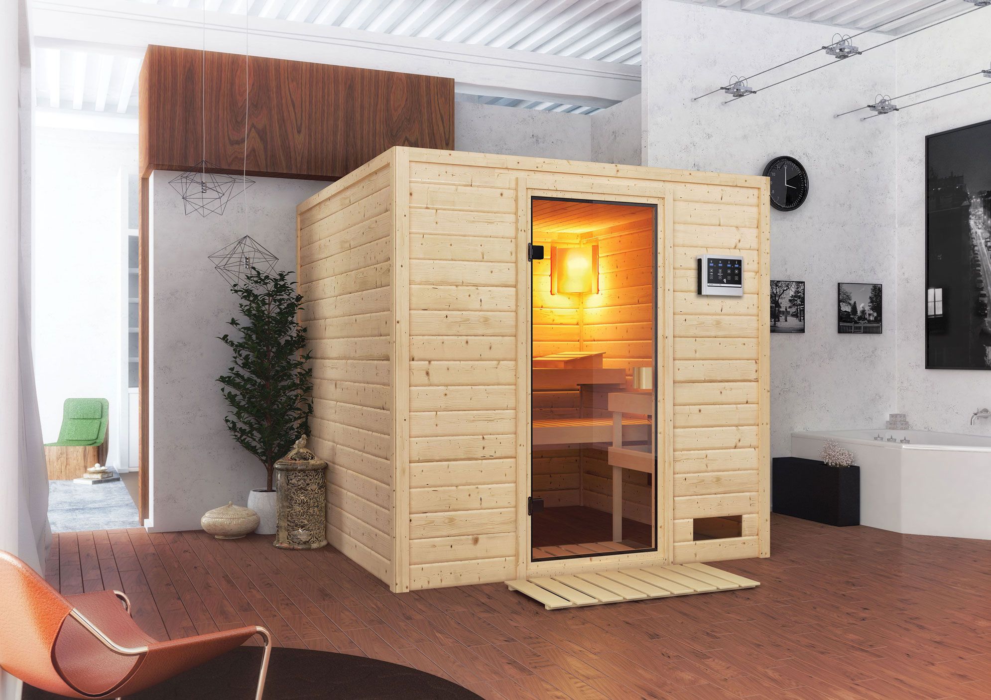 Sauna "Jesper" SET mit bronzierter Tür - Farbe: Natur, Ofen BIO 9 kW - 195 x 195 x 187 cm (B x T x H)