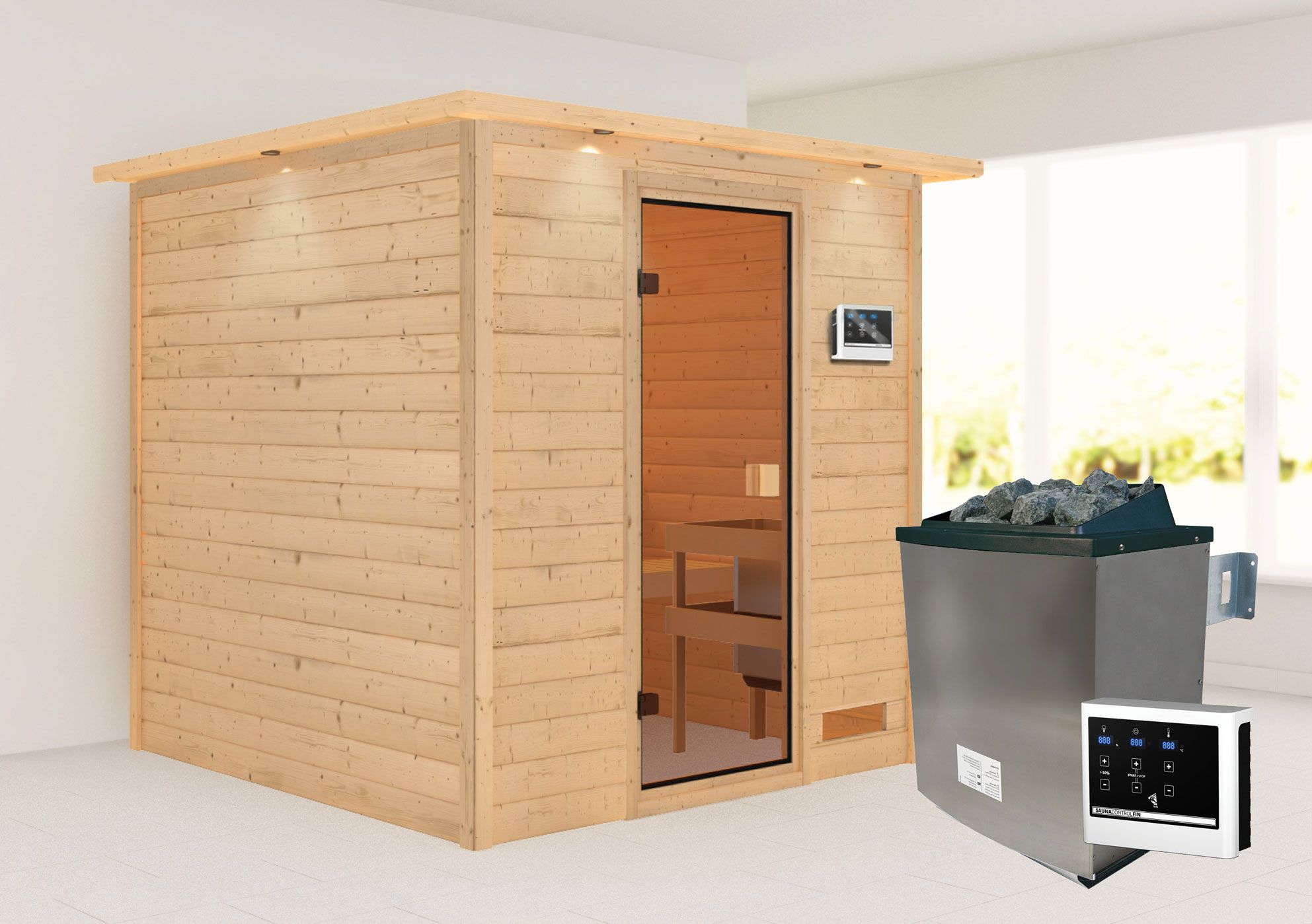 Sauna "Jesper" SET mit bronzierter Tür und Kranz - Farbe: Natur, Ofen externe Steuerung easy 9 kW - 223 x 209 x 191 cm (B x T x H)