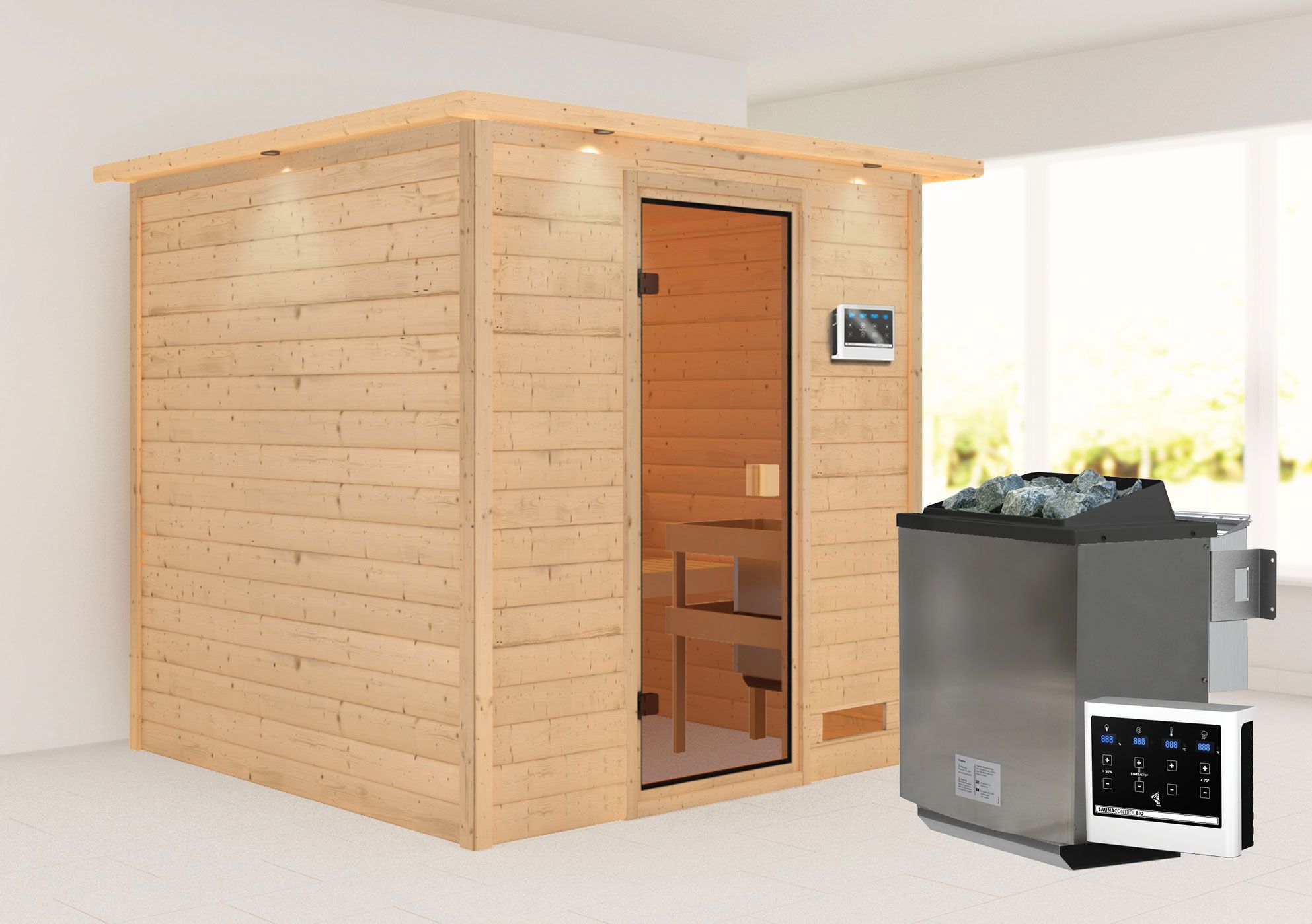 Sauna "Jesper" SET mit bronzierter Tür und Kranz - Farbe: Natur, Ofen BIO 9 kW - 223 x 209 x 191 cm (B x T x H)