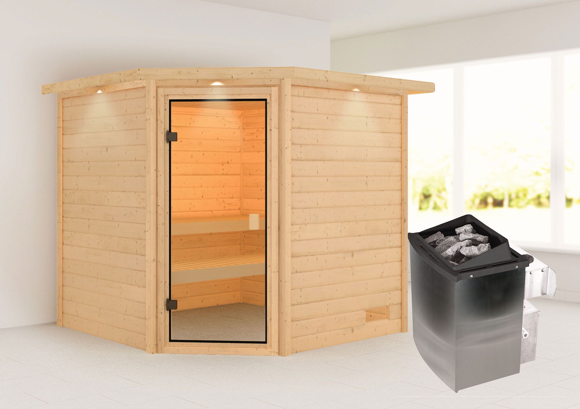 Sauna "Morten" SET mit bronzierter Tür und Kranz - Farbe: Natur, Ofen 9 kW - 223 x 209 x 191 cm (B x T x H)