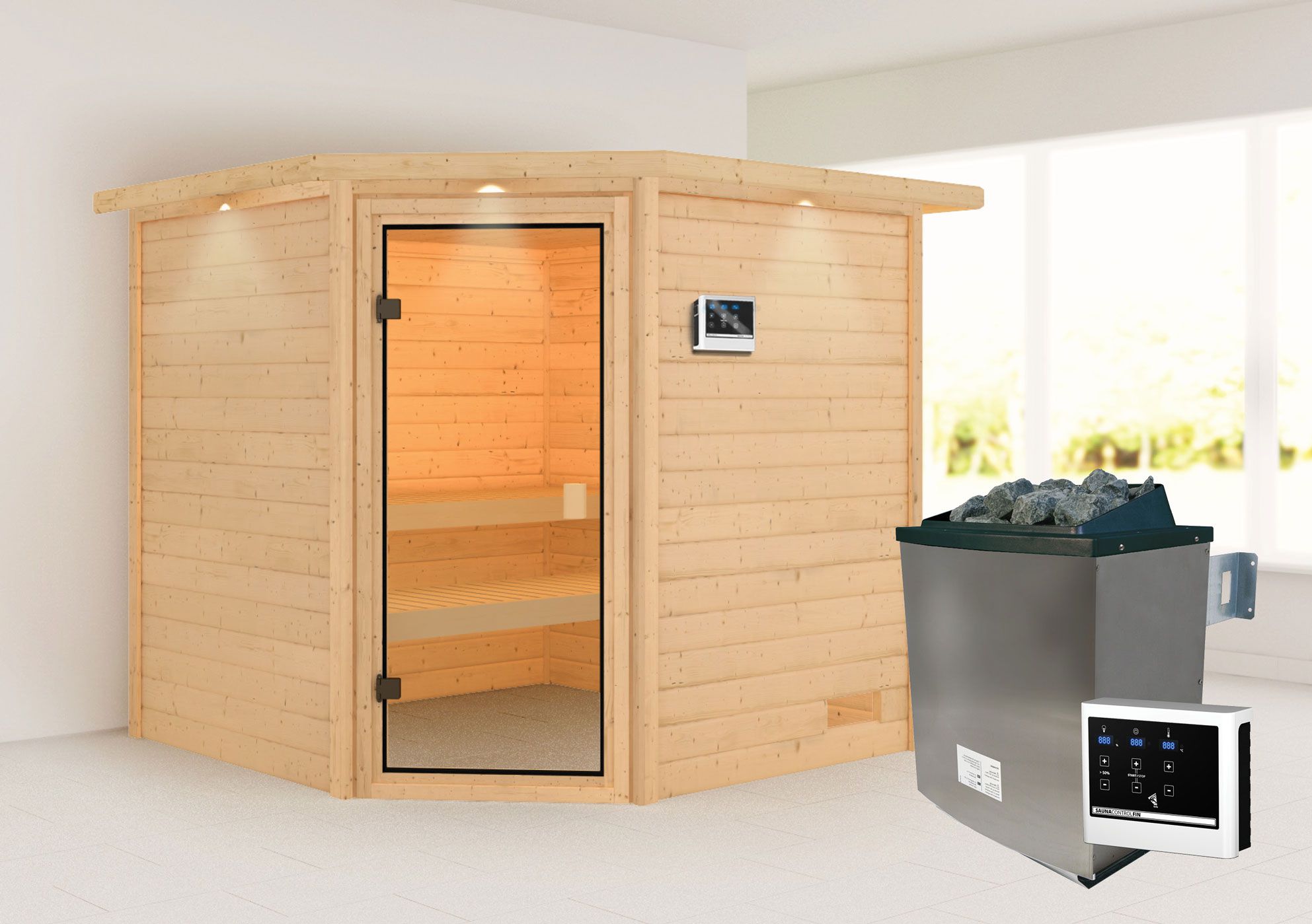 Sauna "Morten" SET mit bronzierter Tür und Kranz - Farbe: Natur, Ofen externe Steuerung easy 9 kW - 223 x 209 x 191 cm (B x T x H)