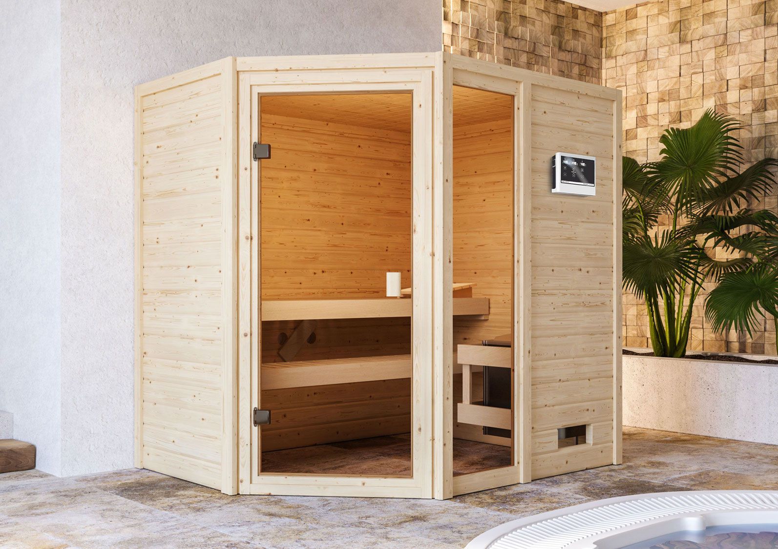 Sauna "Birger" SET mit bronzierter Tür - Farbe: Natur, Ofen externe Steuerung easy 9 kW - 196 x 146 x 187 cm (B x T x H)