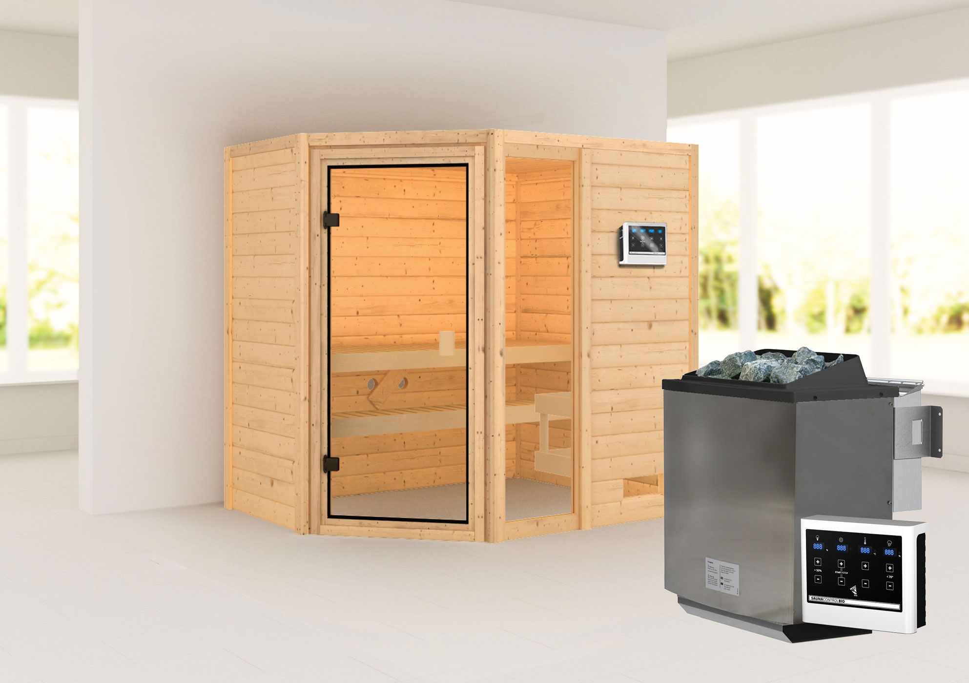 Sauna "Birger" SET mit bronzierter Tür - Farbe: Natur, Ofen BIO 9 kW - 196 x 146 x 187 cm (B x T x H)