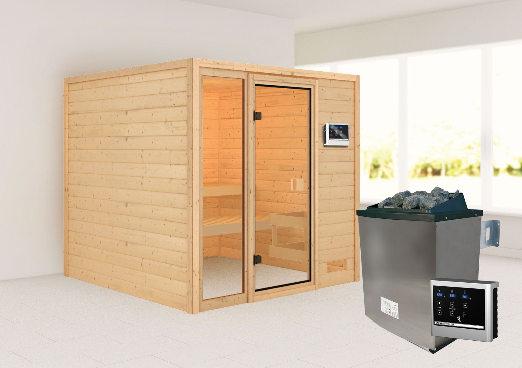 Sauna "Emmik" SET mit bronzierter Tür - Farbe: Natur, Ofen externe Steuerung easy 9 kW - 196 x 196 x 187 cm (B x T x H)