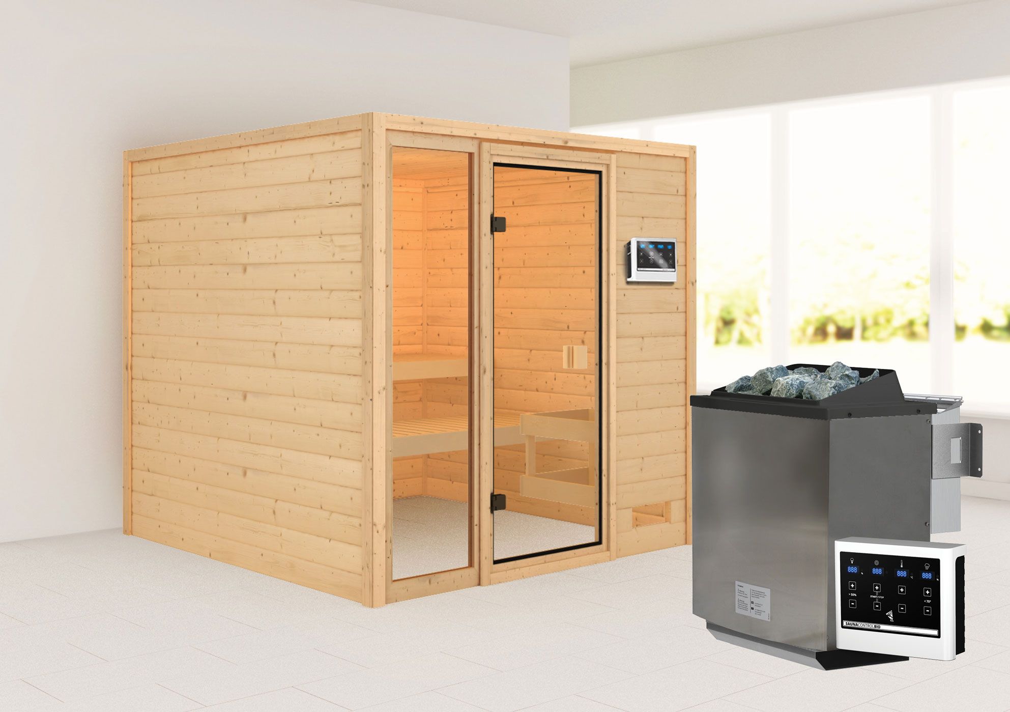 Sauna "Emmik" SET mit bronzierter Tür - Farbe: Natur, Ofen BIO 9 kW - 196 x 196 x 187 cm (B x T x H)