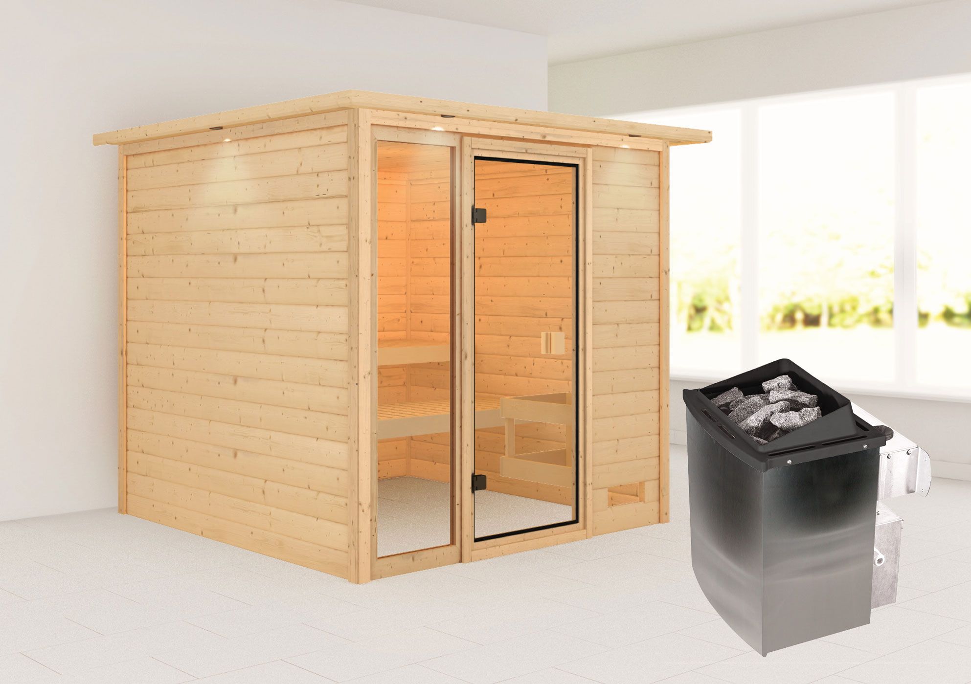 Sauna "Emmik" SET mit bronzierter Tür und Kranz - Farbe: Natur, Ofen 9 kW - 224 x 210 x 191 cm (B x T x H)
