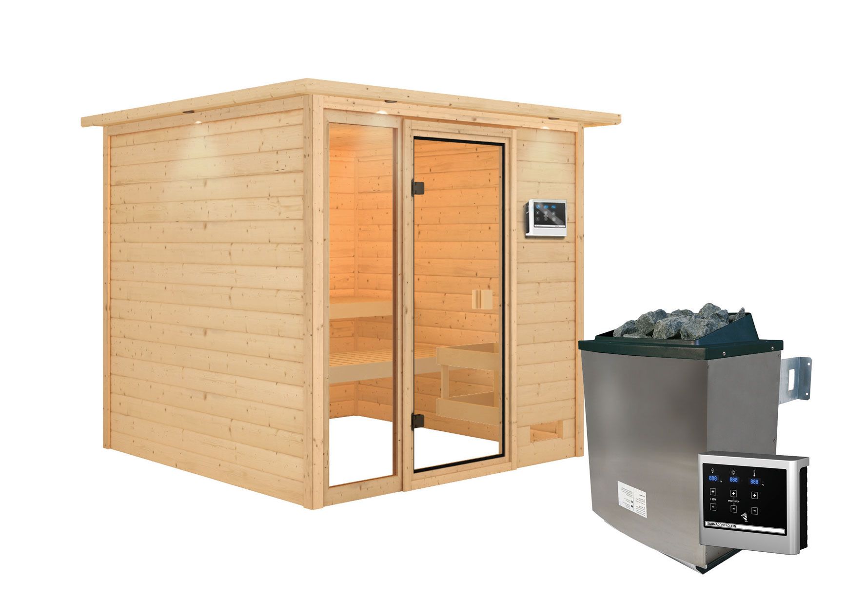 Sauna "Emmik" SET mit bronzierter Tür und Kranz - Farbe: Natur, Ofen externe Steuerung easy 9 kW - 224 x 210 x 191 cm (B x T x H)