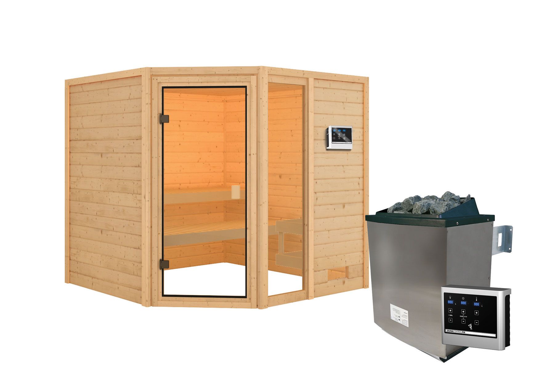 Sauna "Gunvald" SET mit bronzierter Tür - Farbe: Natur, Ofen externe Steuerung easy 9 kW - 196 x 196 x 187 cm (B x T x H)