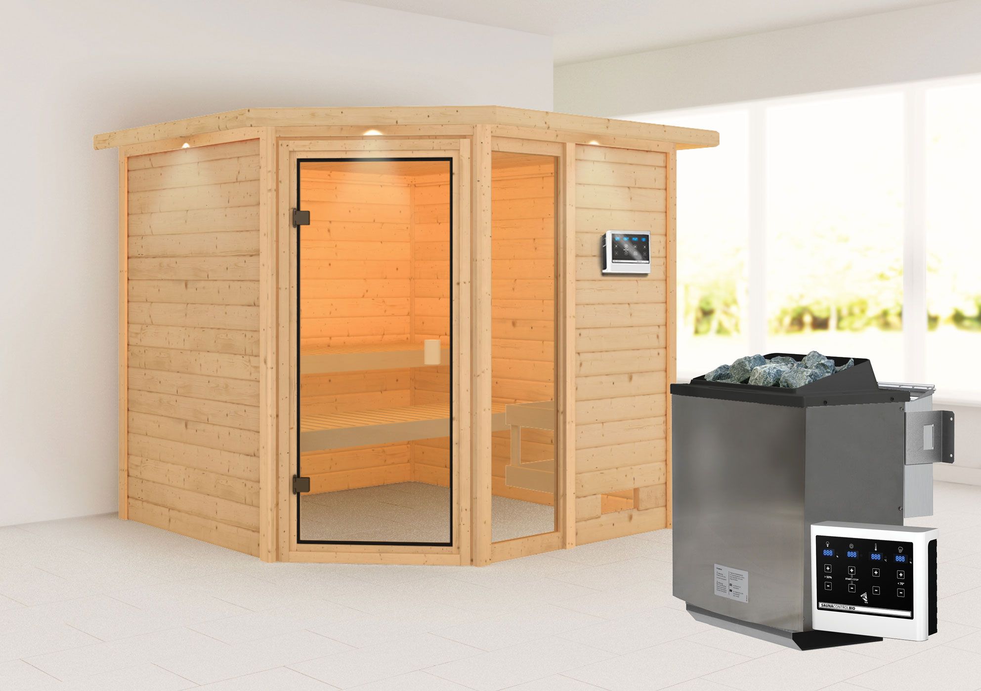 Sauna "Gunvald" SET mit bronzierter Tür und Kranz - Farbe: Natur, Ofen BIO 9 kW - 224 x 210 x 191 cm (B x T x H)