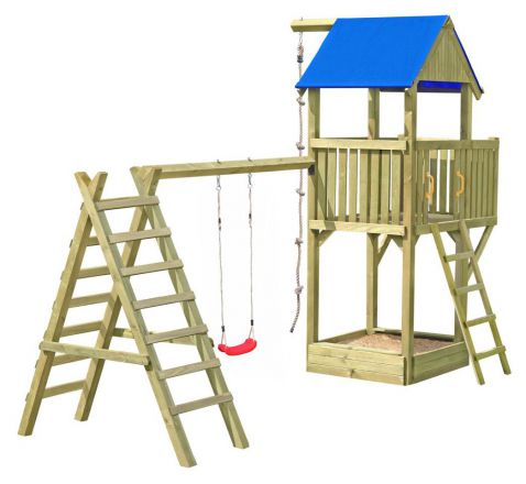 Spielturm K28 inkl. Balkon, Sandkasten und Einzelschaukel - Abmessungen: 490 x 250 cm (L x B)