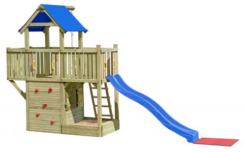 Spielturm K41 inkl. Balkon, Anbauelement, Sandkasten, Stauraum und Wellenrutsche - Abmessungen: 620 x 185 cm (L x B)