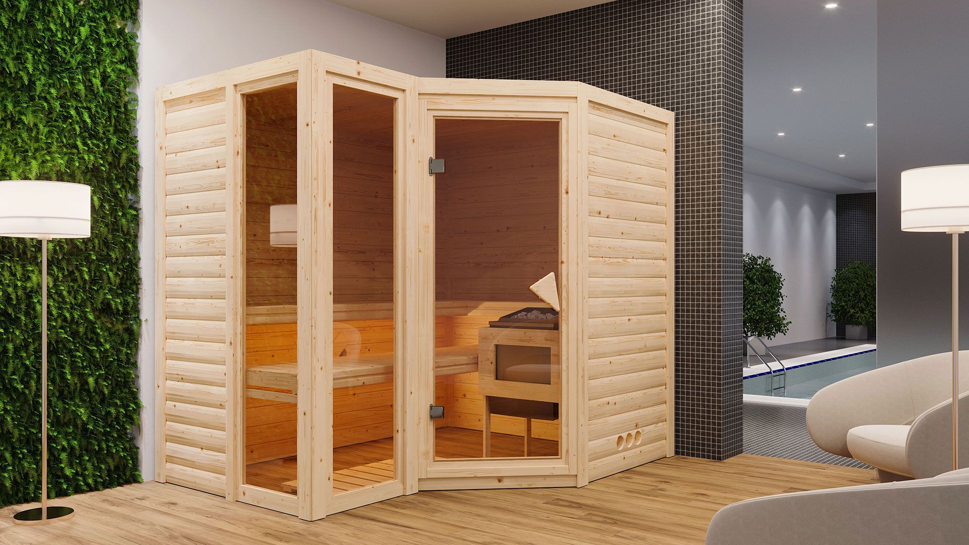 Sauna "Solveig" SET mit bronzierter Tür - Farbe: Natur, Ofen externe Steuerung easy 9 kW - 236 x 184 x 209 cm (B x T x H)
