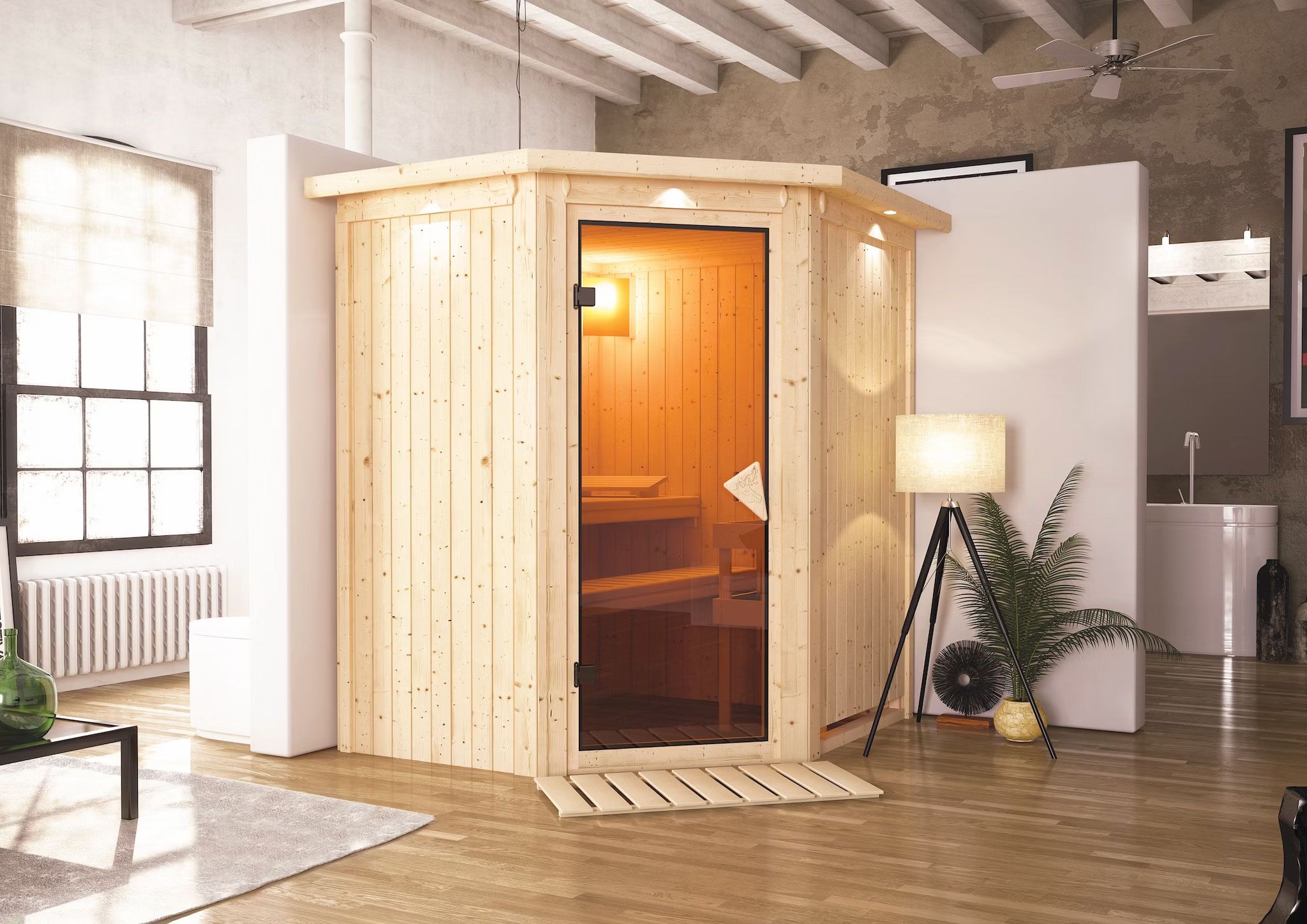 Sauna "Kjell" SET mit bronzierter Tür - Farbe: Natur, Ofen externe Steuerung easy 3,6 kW - 170 x 151 x 198 cm (B x T x H)