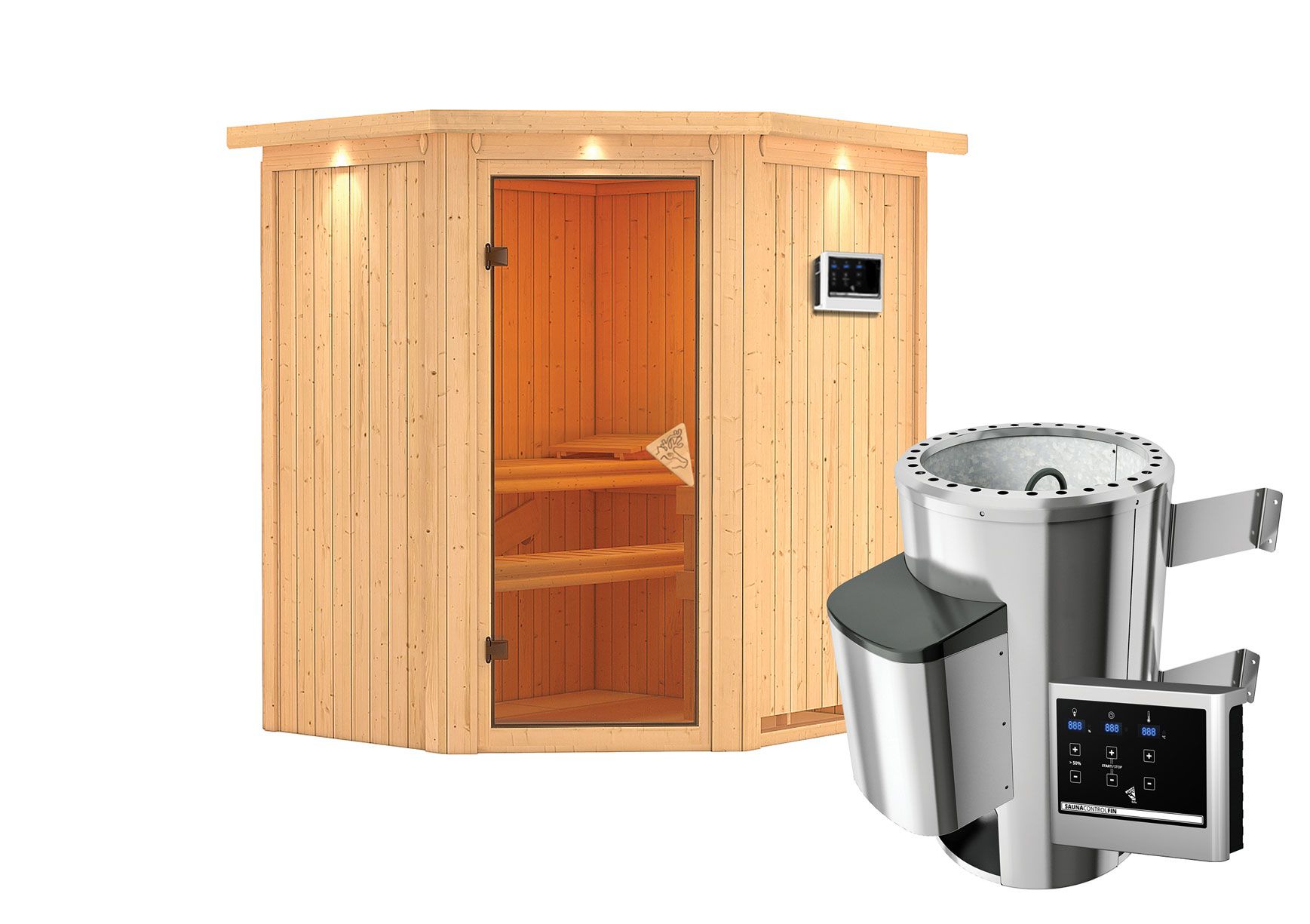Sauna "Kjell" SET mit Kranz - Farbe: Natur, Ofen externe Steuerung easy 3,6 kW - 184 x 165 x 202 cm (B x T x H)