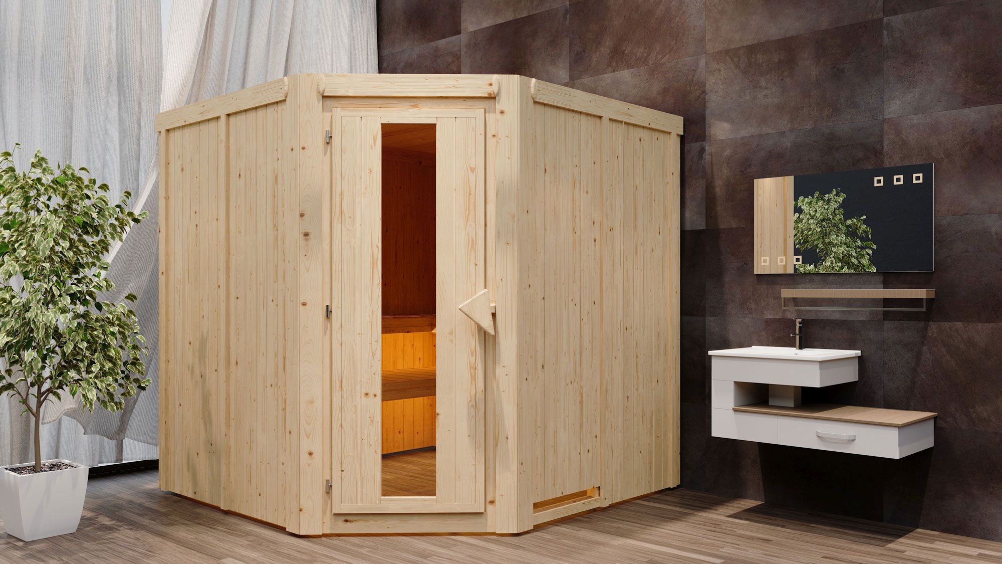 Sauna "Nooa" SET mit Energiespartür - Farbe: Natur, Ofen externe Steuerung easy 9 kW - 196 x 196 x 198 cm (B x T x H)