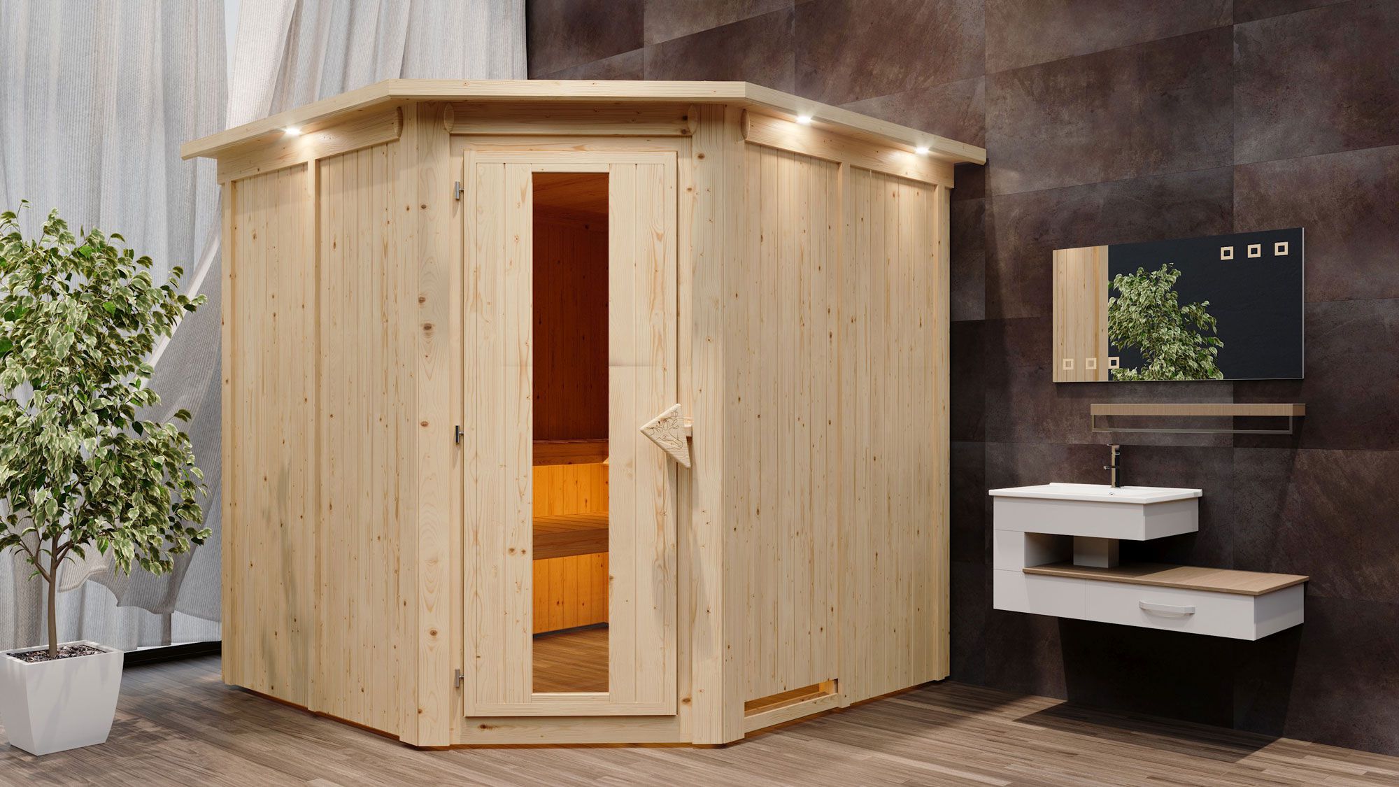 Sauna "Nooa" SET mit Kranz und Energiespartür - Farbe: Natur, Ofen BIO 9 kW - 210 x 210 x 202 cm (B x T x H)
