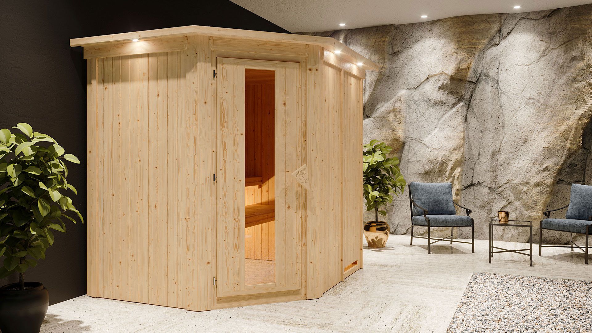 Sauna "Hanko" SET mit Kranz und Energiespartür - Farbe: Natur, Ofen externe Steuerung easy 9 kW - 210 x 184 x 202 cm (B x T x H)