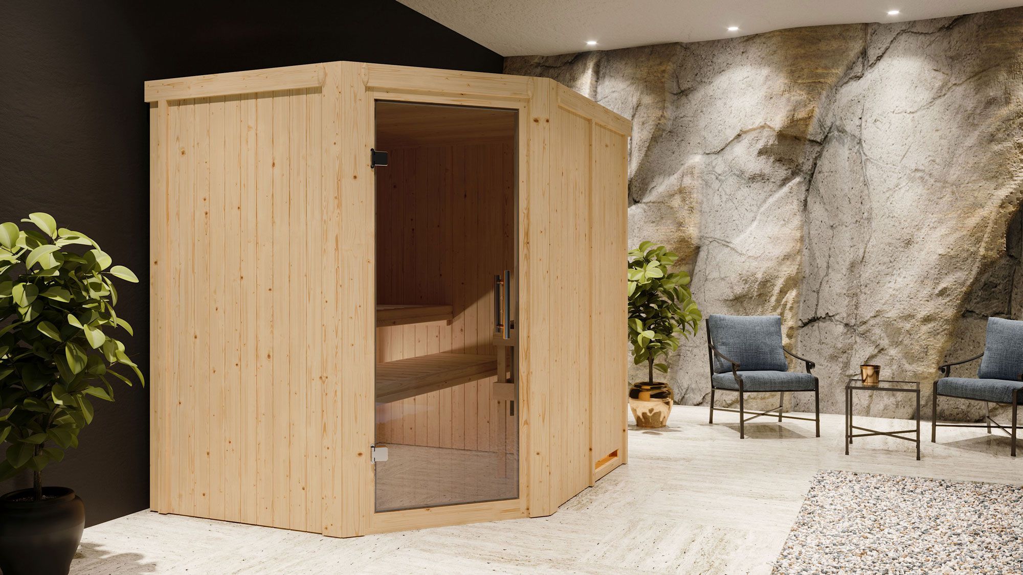 Sauna "Hanko" SET mit graphitfarbener Tür - Farbe: Natur, Ofen BIO 9 kW - 196 x 170 x 198 cm (B x T x H)
