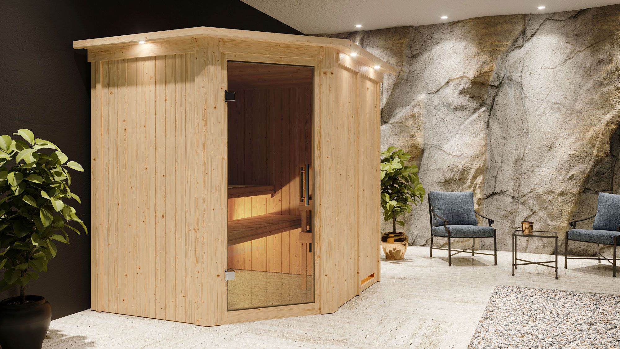 Sauna "Hanko" SET AKTION mit Kranz und graphitfarbener Tür - Farbe: Natur, Ofen BIO 9 kW - 210 x 184 x 202 cm (B x T x H)