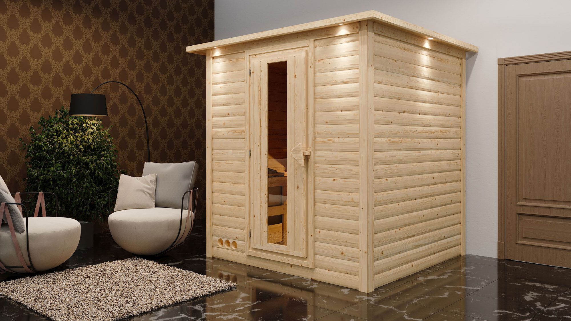 Sauna "Jonna" SET mit Kranz und Energiespartür - Farbe: Natur, Ofen externe Steuerung easy 9 kW - 224 x 210 x 206 cm (B x T x H)