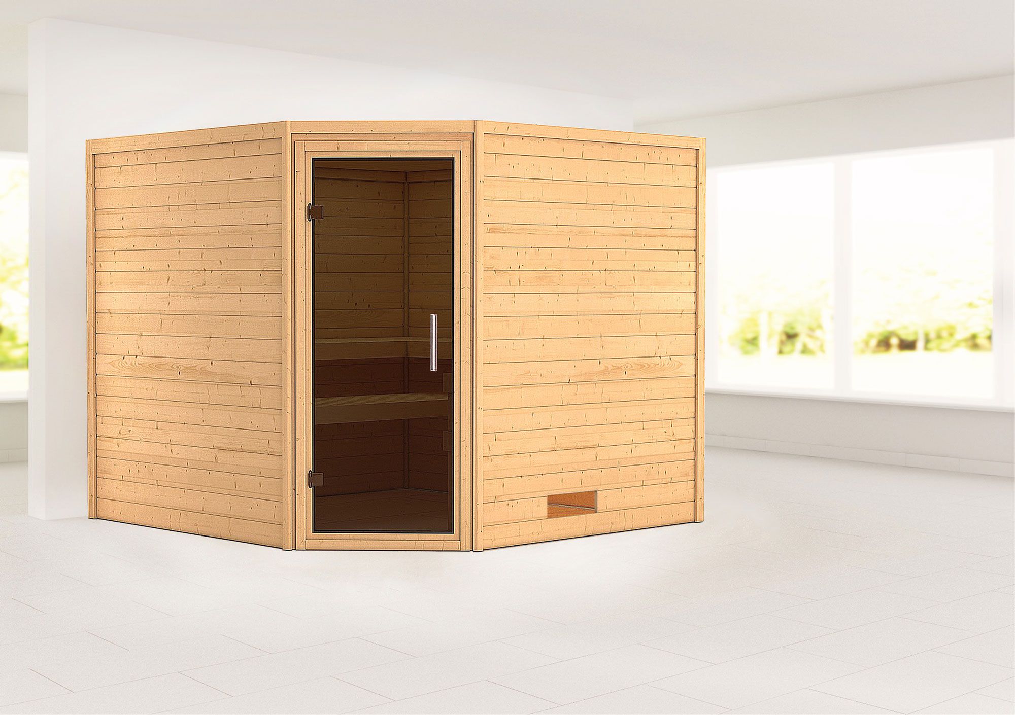 Sauna "Anesa" mit graphitfarbener Tür - Farbe: Natur - 231 x 231 x 198 cm (B x T x H)