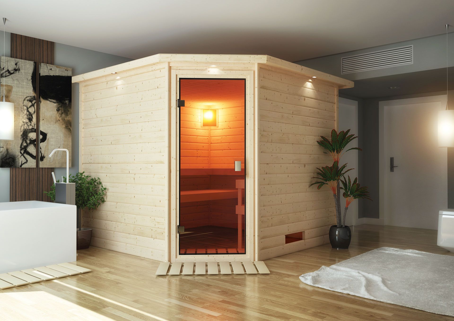Sauna "Anesa" mit Kranz und bronzierter Tür - Farbe: Natur - 259 x 245 x 202 cm (B x T x H)