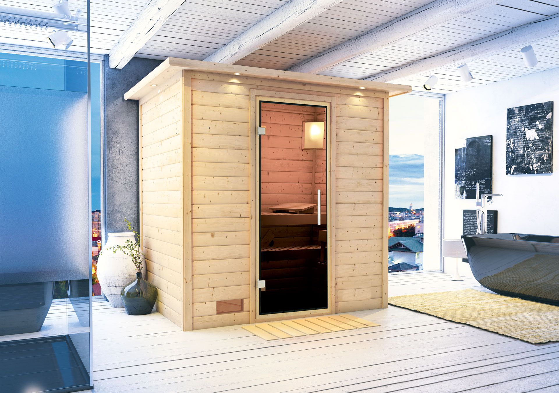 Sauna "Holmger" mit graphitfarbener Tür und Kranz - Farbe: Natur - 224 x 160 x 202 cm (B x T x H)