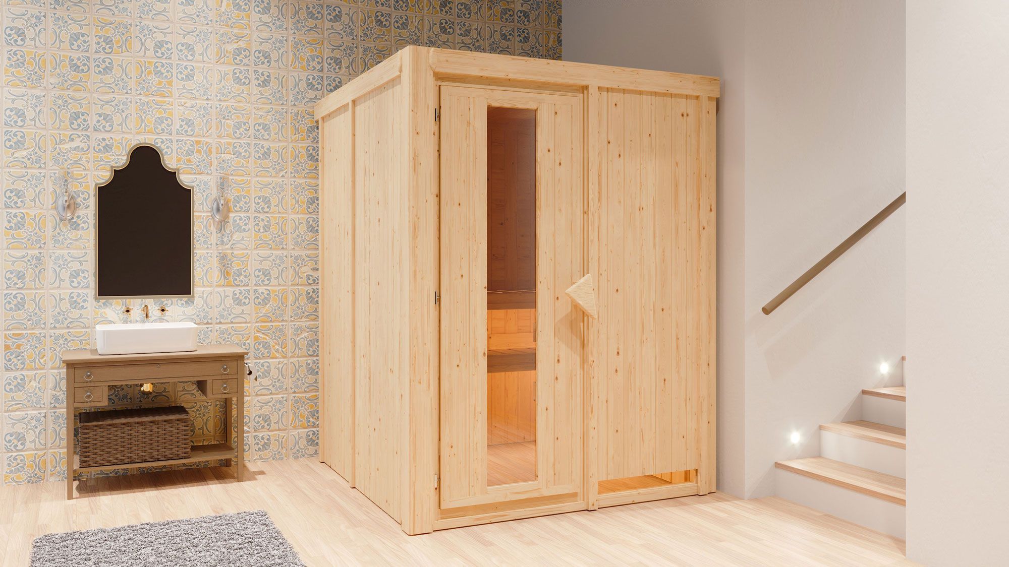 Sauna "Niilo" SET mit Energiespartür - Farbe: Natur, Ofen externe Steuerung easy 9 kW - 151 x 151 x 198 cm (B x T x H)