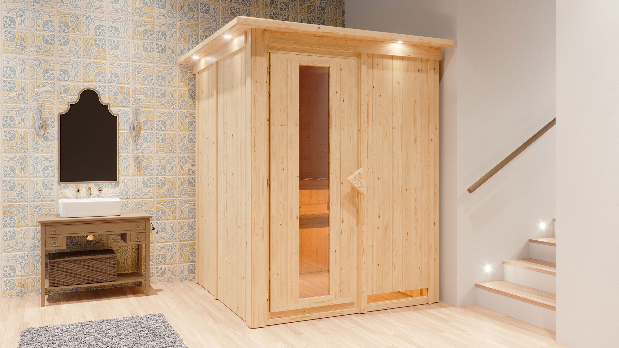 Sauna "Niilo" SET mit Energiespartür und Kranz - Farbe: Natur, Ofen BIO 9 kW - 165 x 165 x 202 cm (B x T x H)