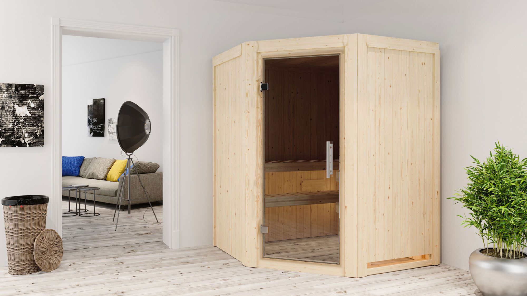 Sauna "Eetu" SET mit graphitfarbener Tür - Farbe: Natur, Ofen 9 kW - 151 x 151 x 198 cm (B x T x H)