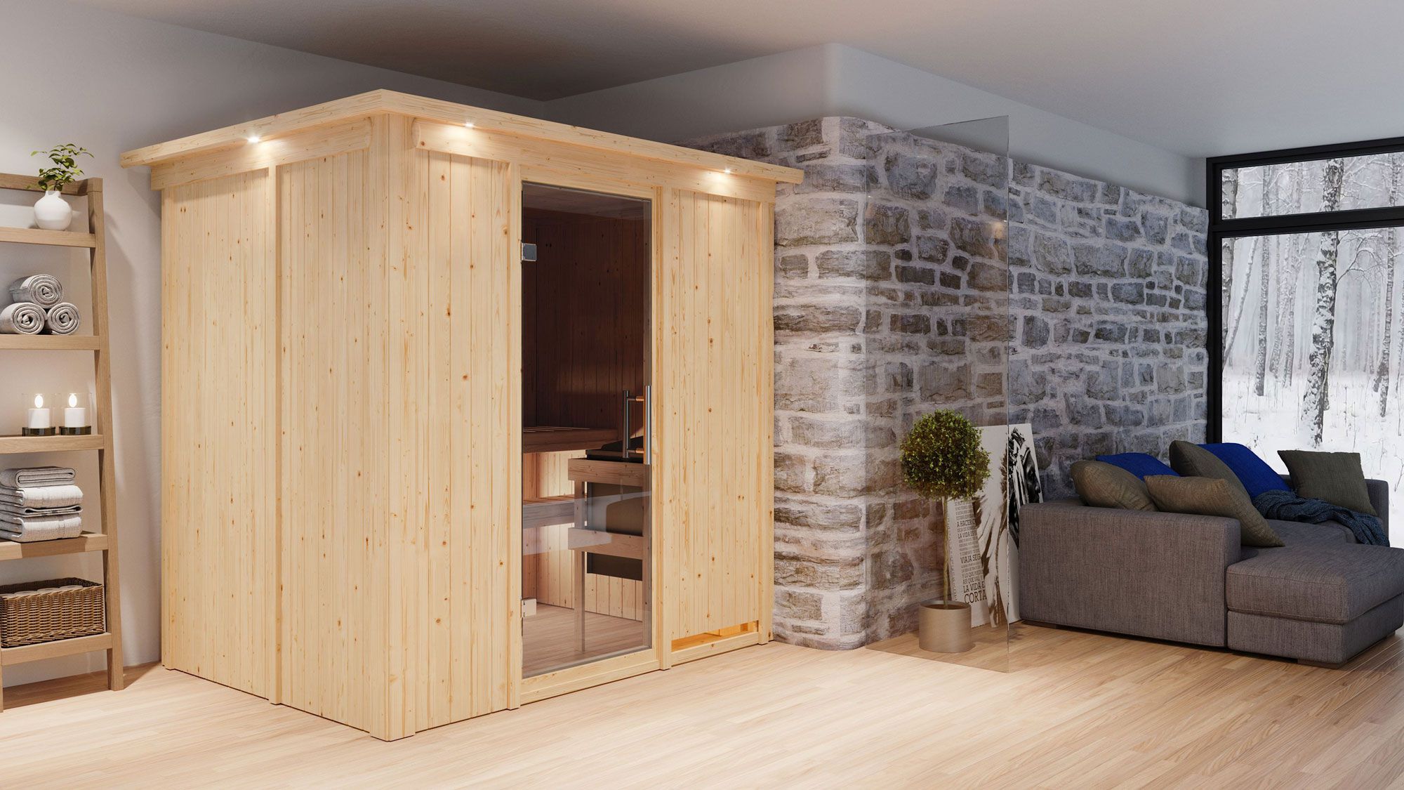 Sauna "Veli" SET mit graphitfarbener Tür und Kranz - Farbe: Natur, Ofen BIO 9 kW - 210 x 165 x 202 cm (B x T x H)