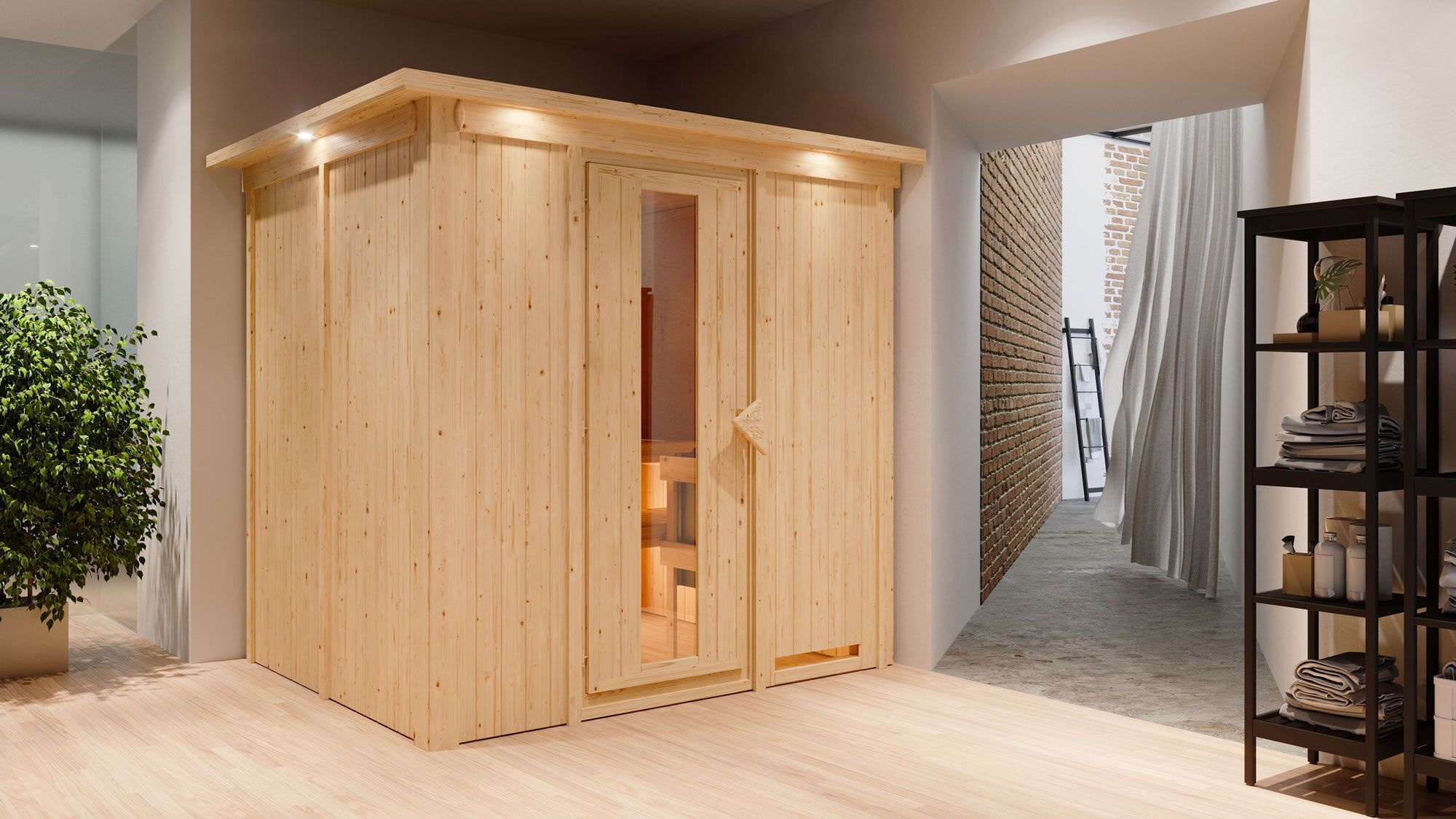 Sauna "Eemil" SET mit Energiespartür und Kranz - Farbe: Natur, Ofen 9 kW - 210 x 184 x 202 cm (B x T x H)