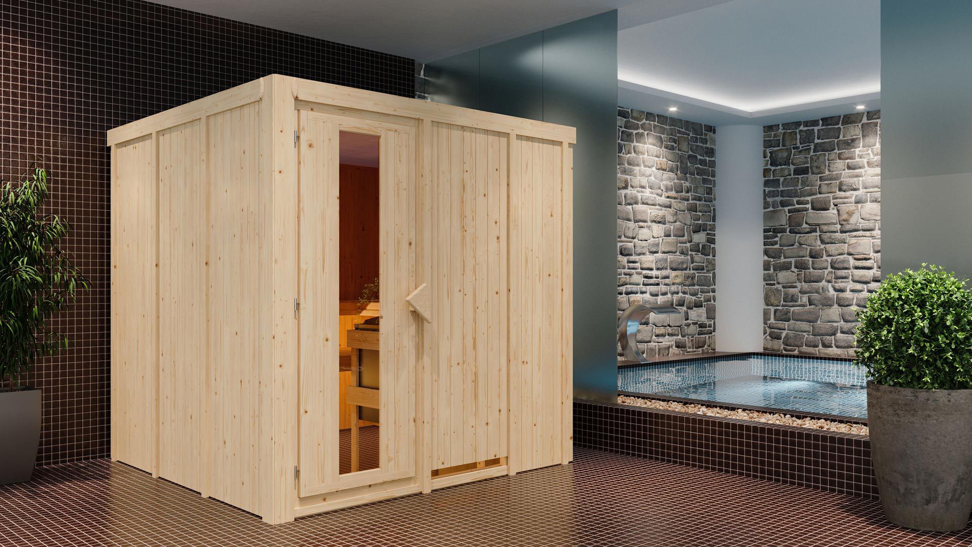 Sauna "Aleksi" SET mit Energiespartür - Farbe: Natur, Ofen externe Steuerung easy 9 kW - 196 x 196 x 198 cm (B x T x H)