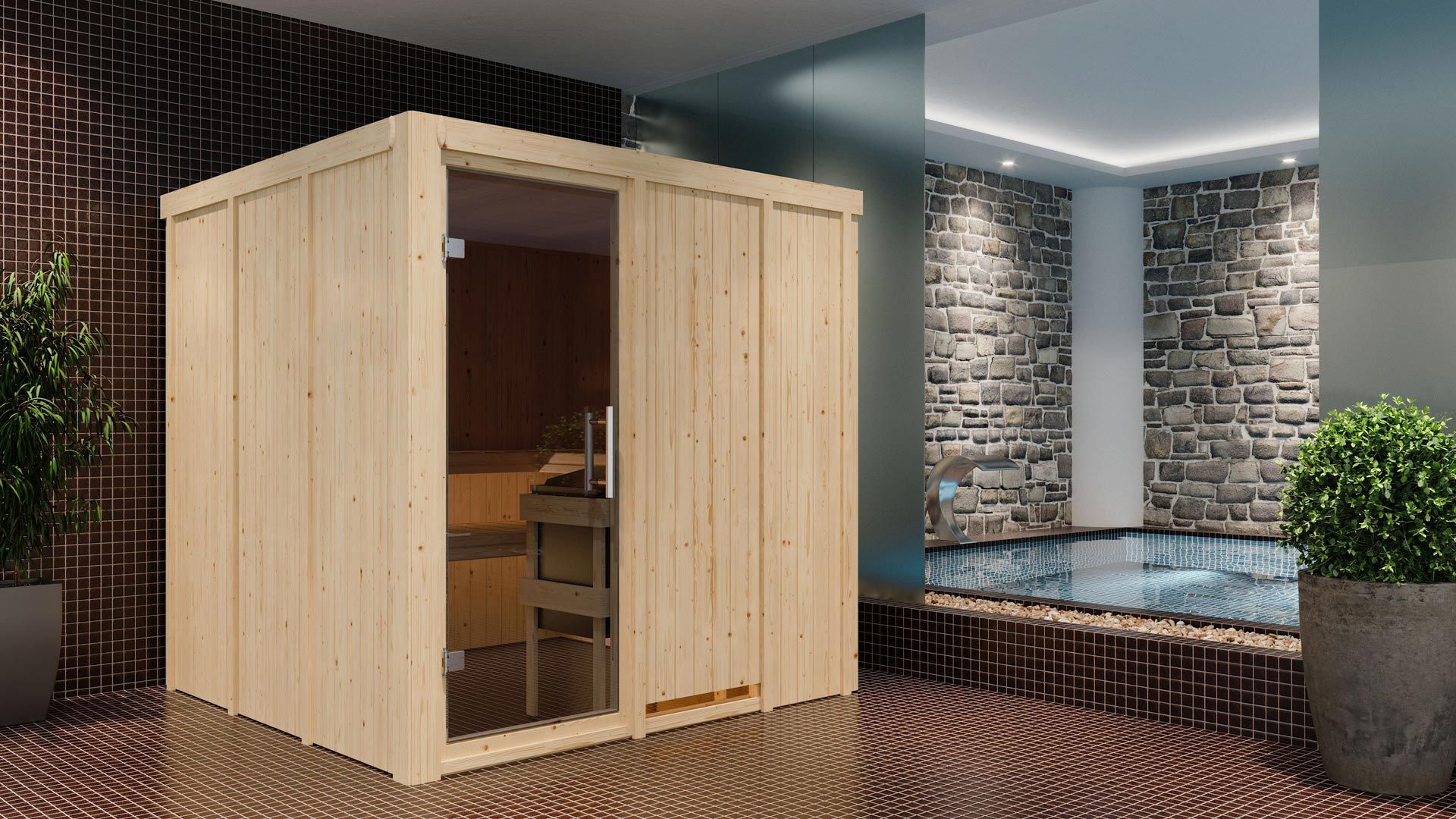 Sauna "Aleksi" SET mit graphitfarbener Tür - Farbe: Natur, Ofen externe Steuerung easy 9 kW - 196 x 196 x 198 cm (B x T x H)