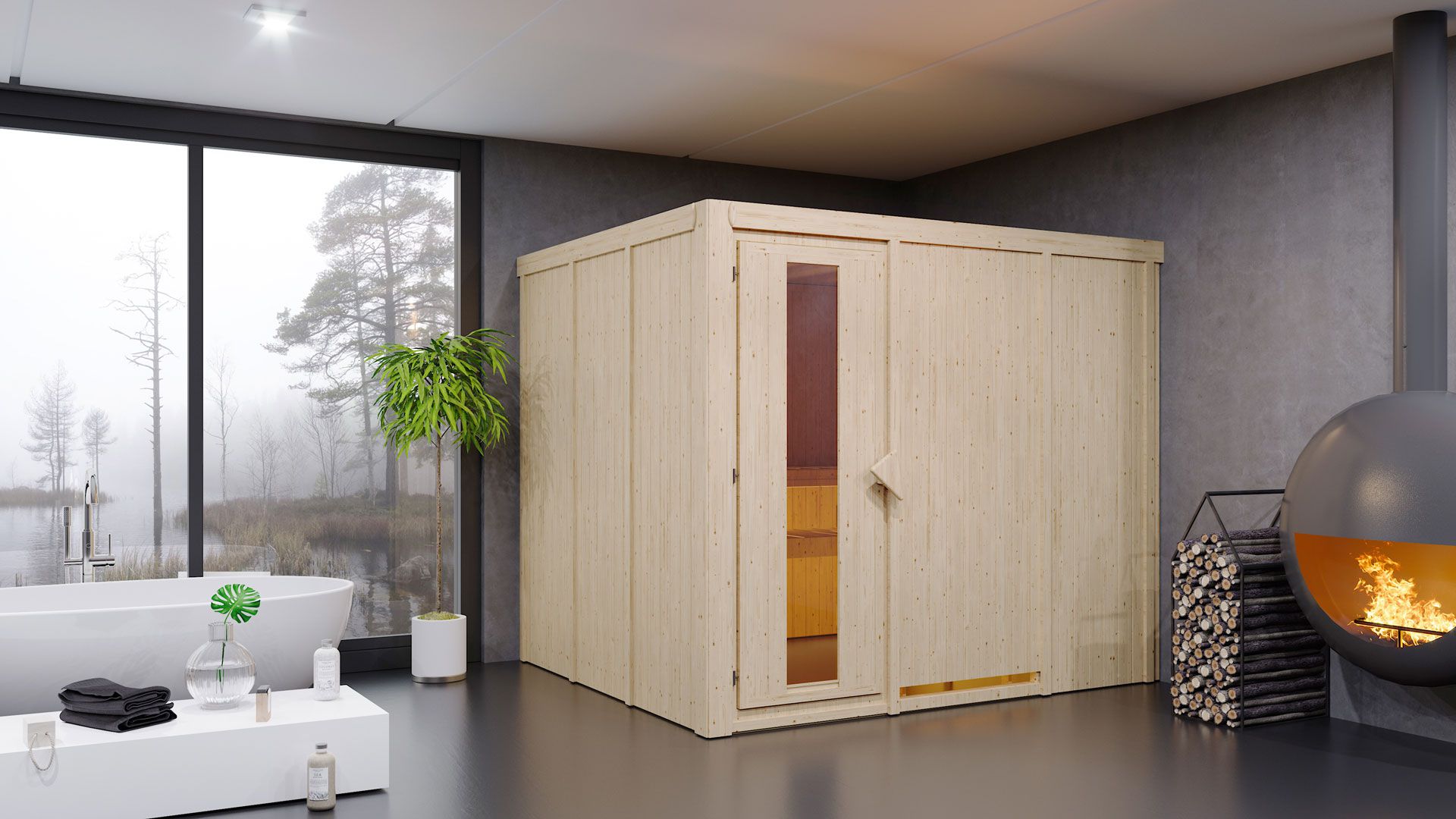 Sauna "Toivo" mit Energiespartür - Farbe: Natur - 231 x 196 x 198 cm (B x T x H)