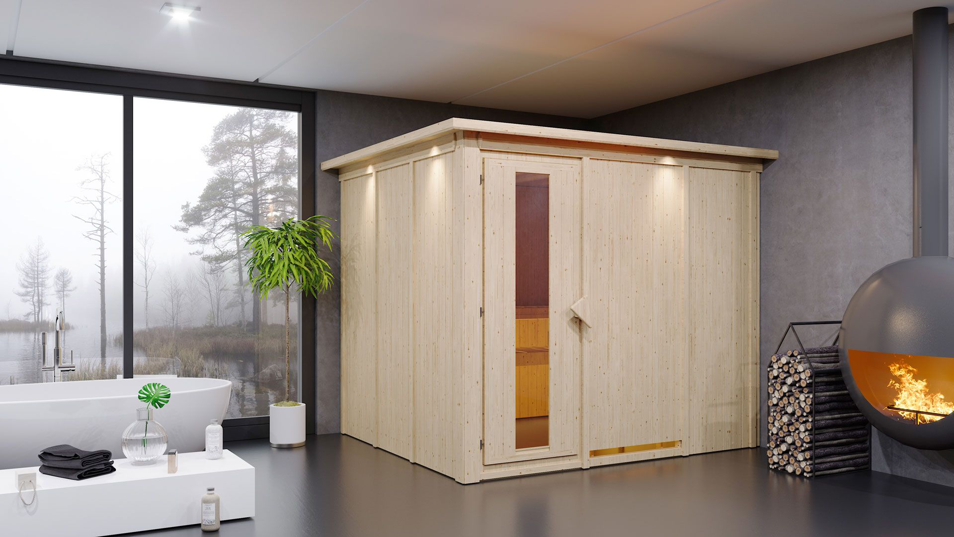 Sauna "Toivo" SET mit Energiespartür und Kranz - Farbe: Natur, Ofen BIO 9 kW - 245 x 210 x 202 cm (B x T x H)