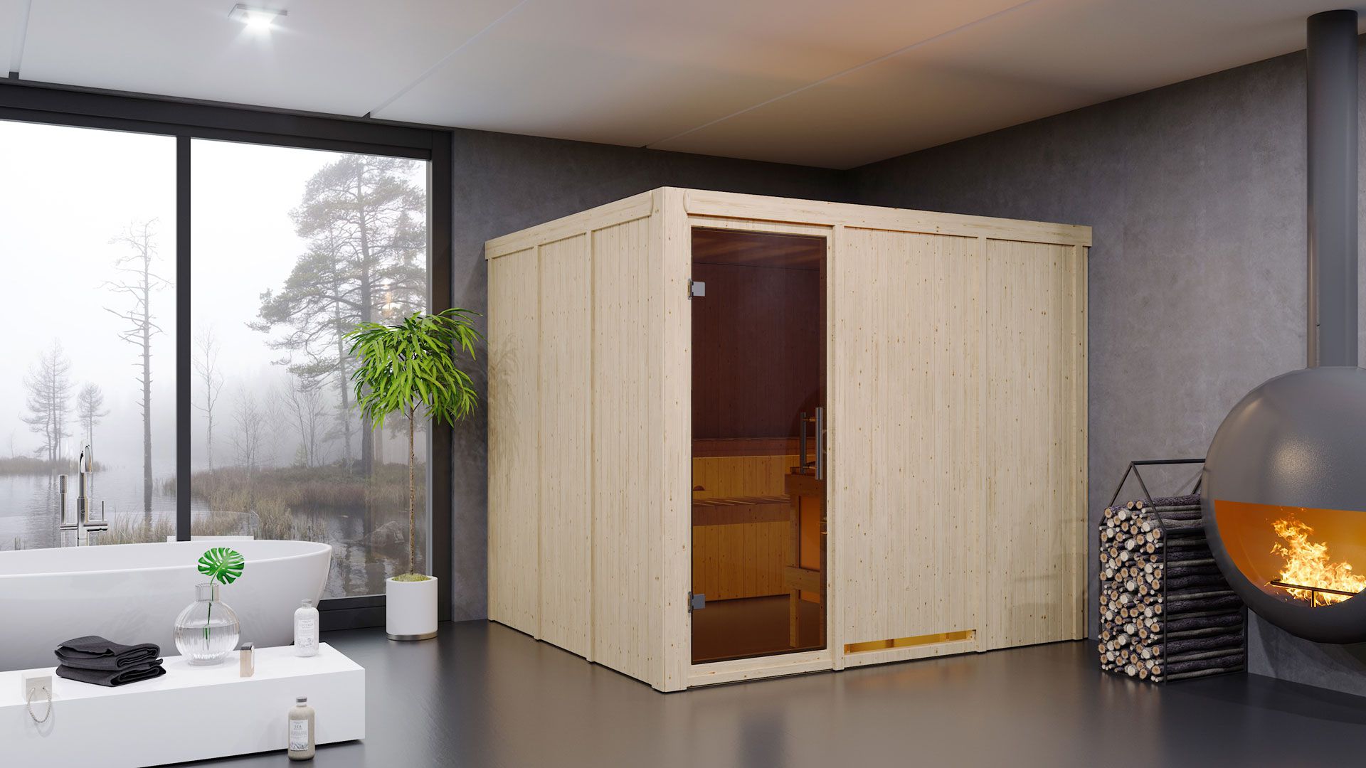 Sauna "Toivo" SET mit graphitfarbener Tür - Farbe: Natur, Ofen BIO 9 kW - 231 x 196 x 198 cm (B x T x H)