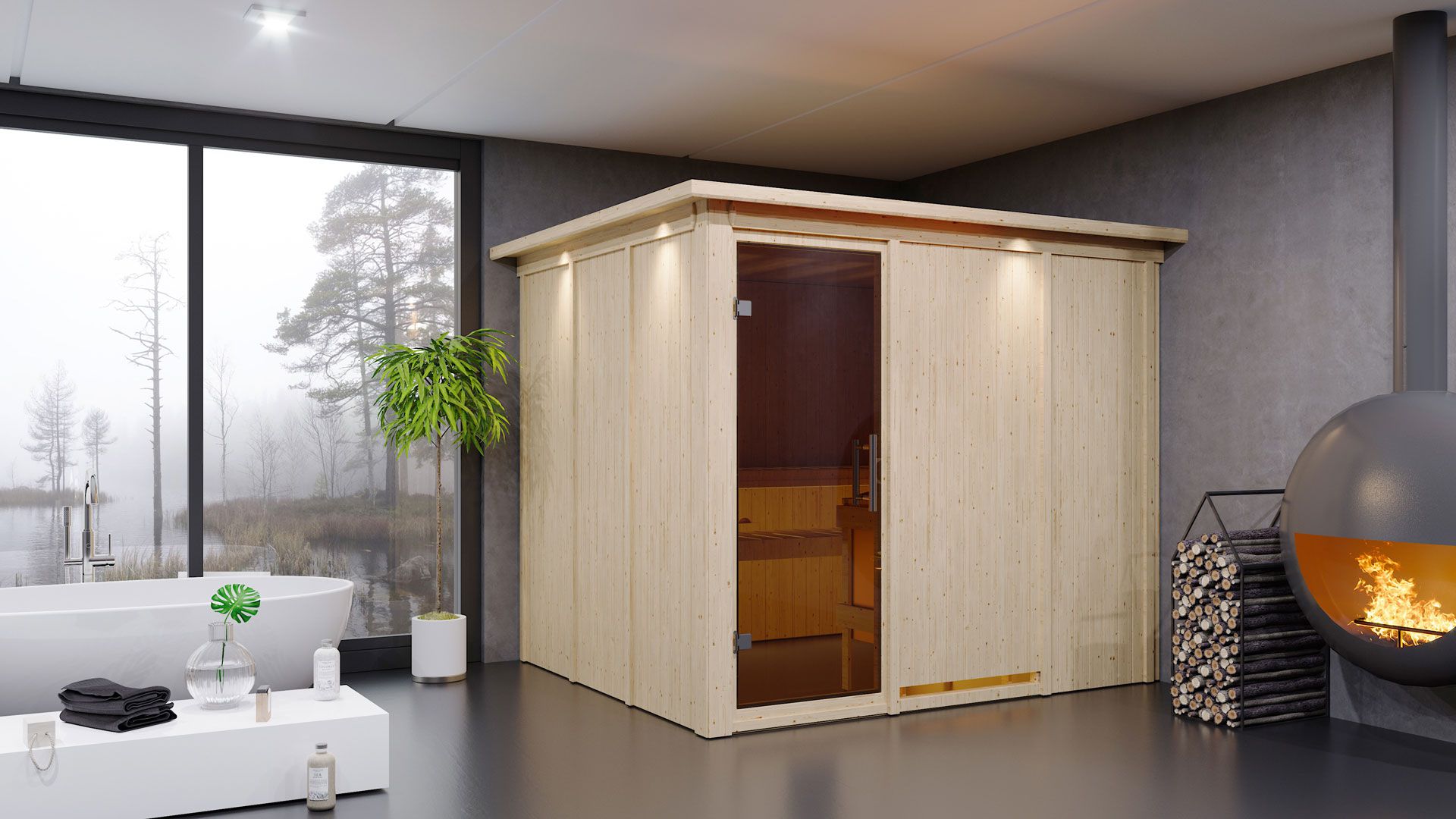 Sauna "Toivo" SET mit graphitfarbener Tür und Kranz - Farbe: Natur, Ofen 9 kW - 245 x 210 x 202 cm (B x T x H)