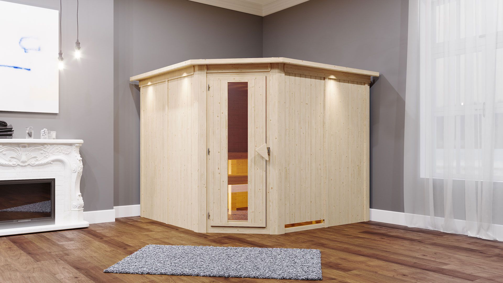 Sauna "Samu" SET mit Energiespartür Tür und Kranz  - Farbe: Natur, Ofen externe Steuerung easy 9 kW - 245 x 210 x 202 cm (B x T x H)
