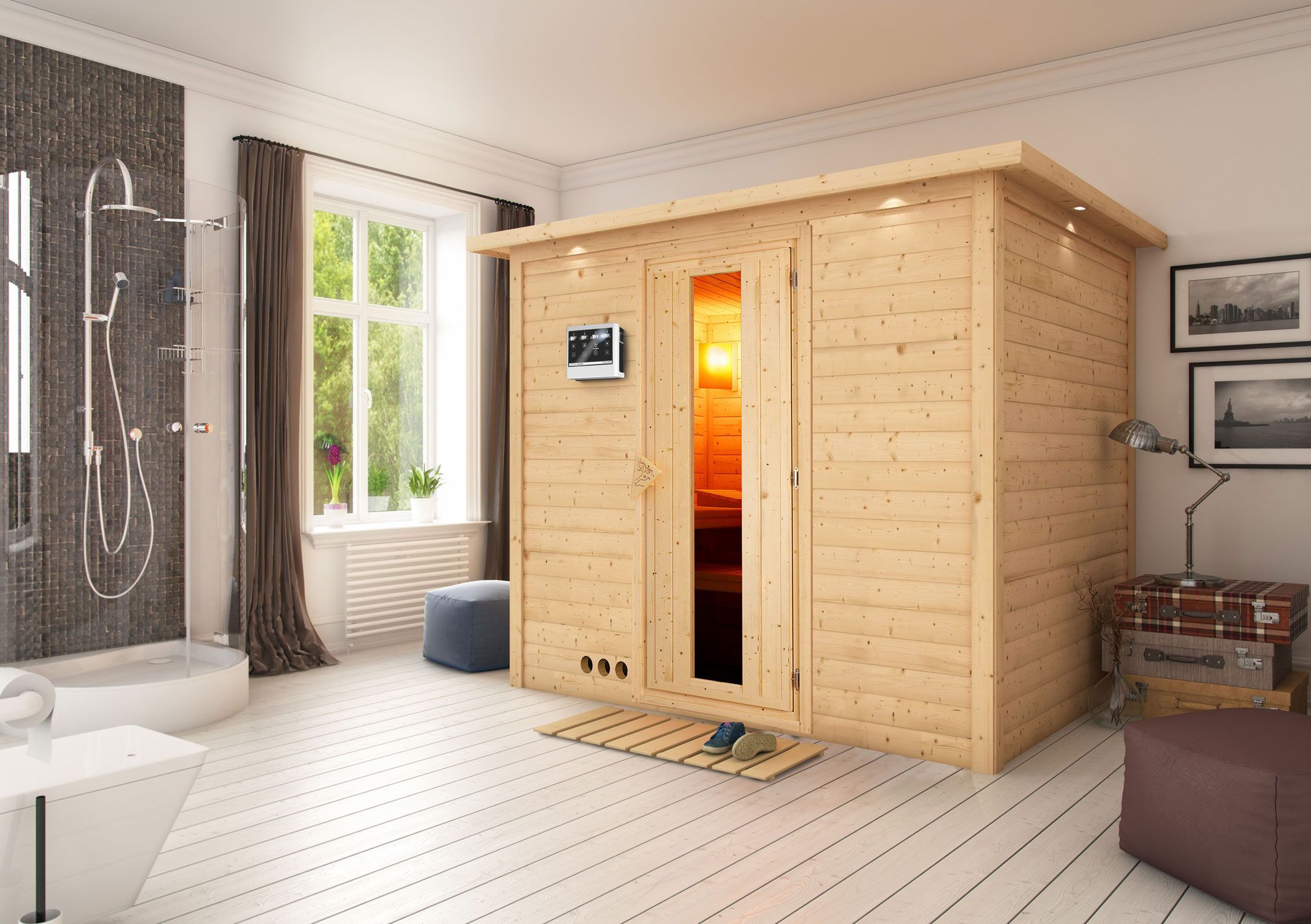 Sauna "Leja" SET mit Energiespartür und Kranz - Farbe: Natur, Ofen BIO 9 kW - 259 x 210 x 205 cm (B x T x H)
