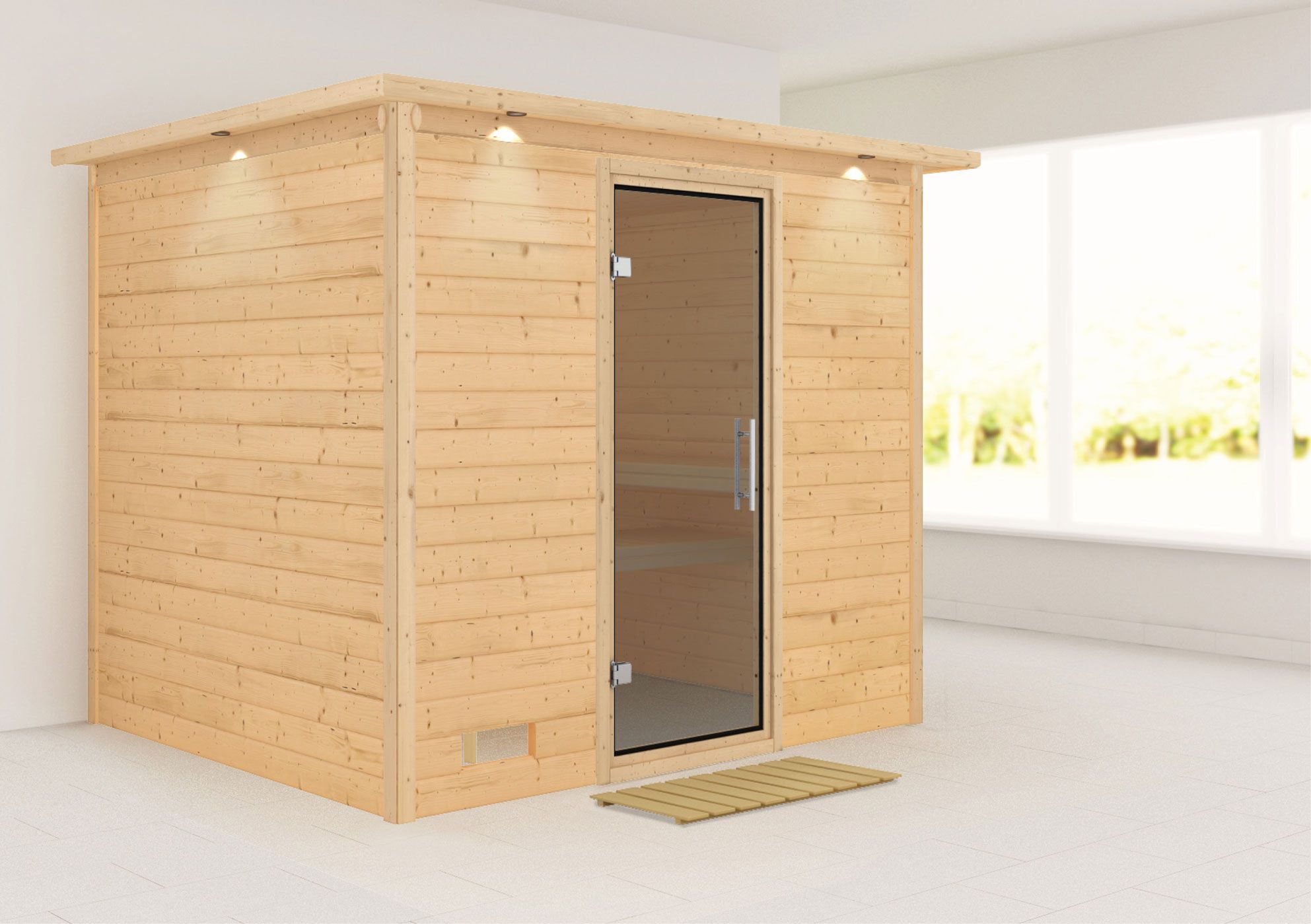 Sauna "Leja" mit graphitfarbener Tür und Kranz - Farbe: Natur - 259 x 210 x 205 cm (B x T x H)
