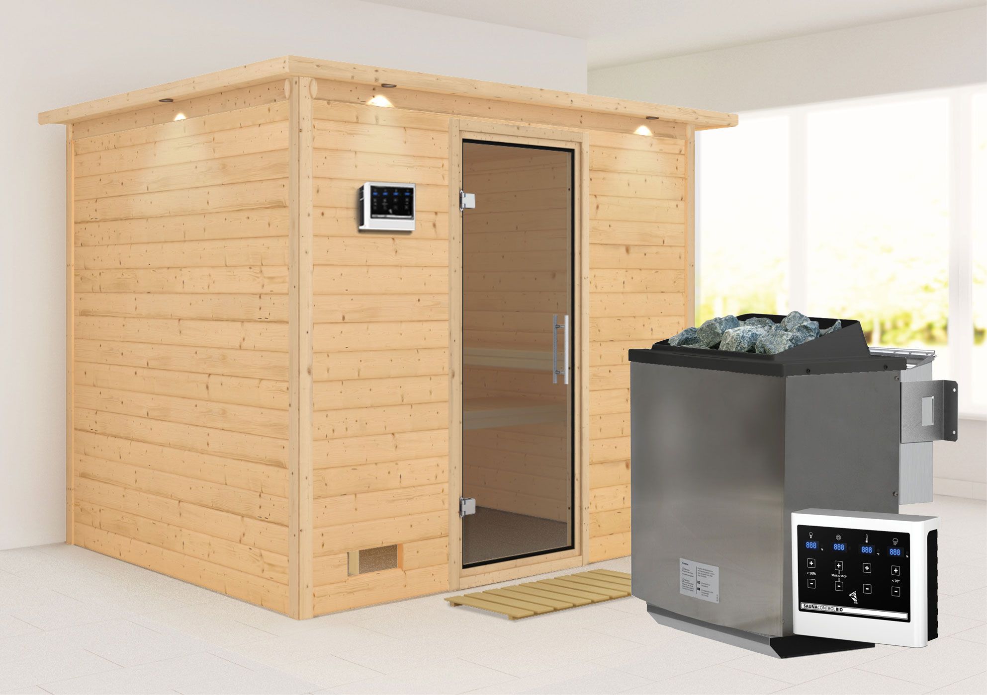 Sauna "Leja" SET mit graphitfarbener Tür und Kranz - Farbe: Natur, Ofen BIO 9 kW - 259 x 210 x 205 cm (B x T x H)