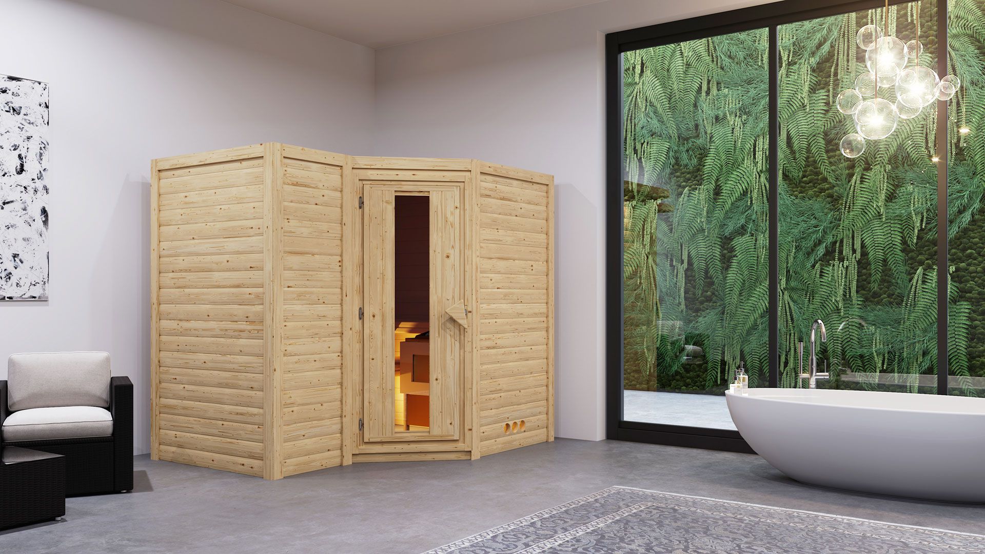 Sauna "Tjara 2" mit Energiespartür - Farbe: Natur - 236 x 184 x 209 cm (B x T x H)