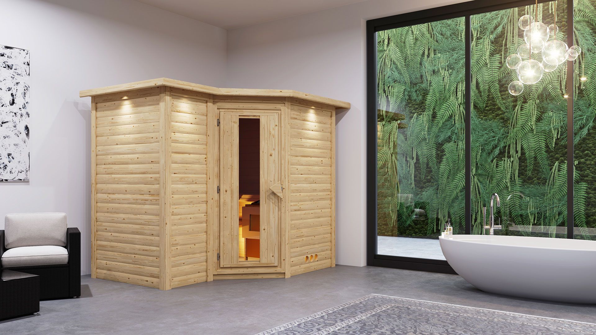 Sauna "Tjara 2" SET mit Energiespartür und Kranz - Farbe: Natur, Ofen BIO 9 kW - 264 x 198 x 212 cm (B x T x H)