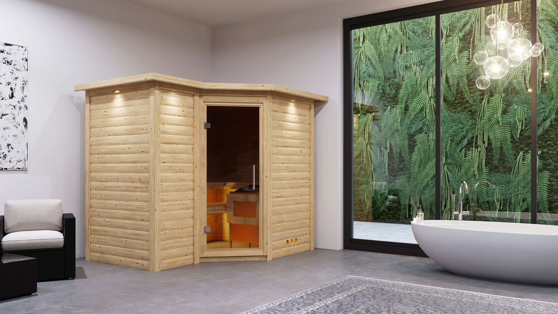 Sauna "Tjara 2" SET mit graphitfarbener Tür und Kranz - Farbe: Natur, Ofen BIO 9 kW - 264 x 198 x 212 cm (B x T x H)